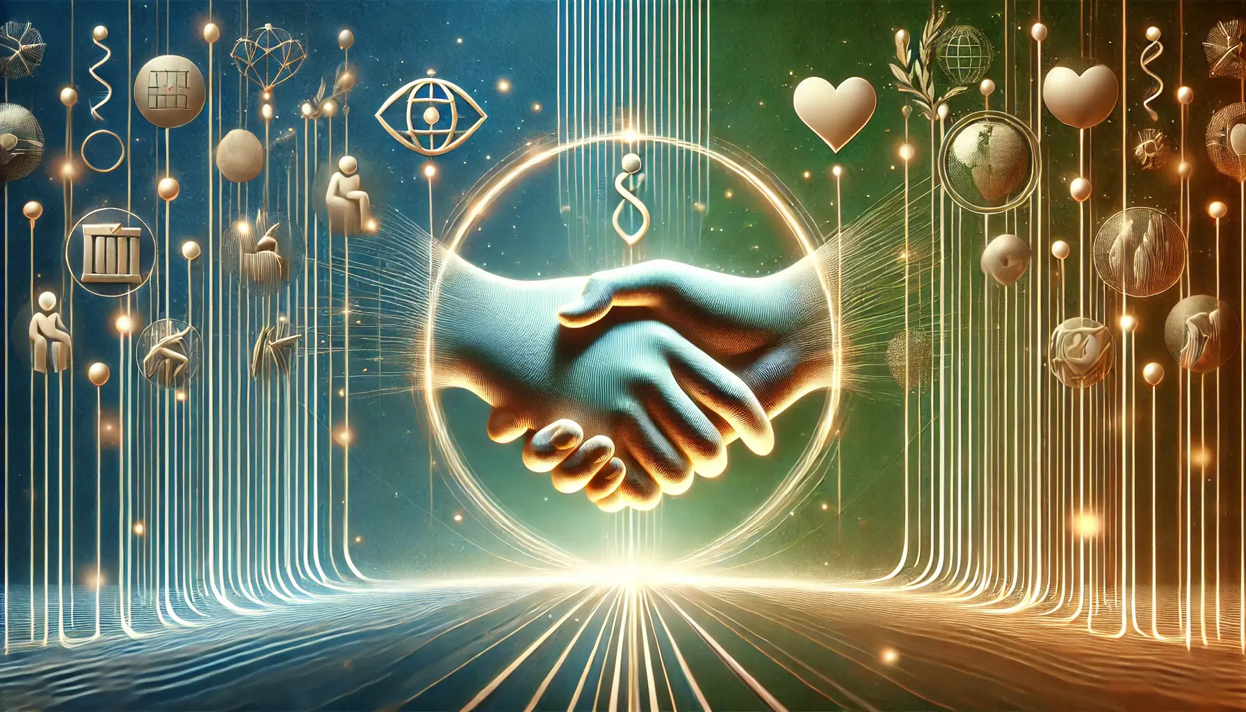 An image symbolizing trust in brand narrative with a glowing handshake and threads connecting various symbols like protection, emotion, and global reach.