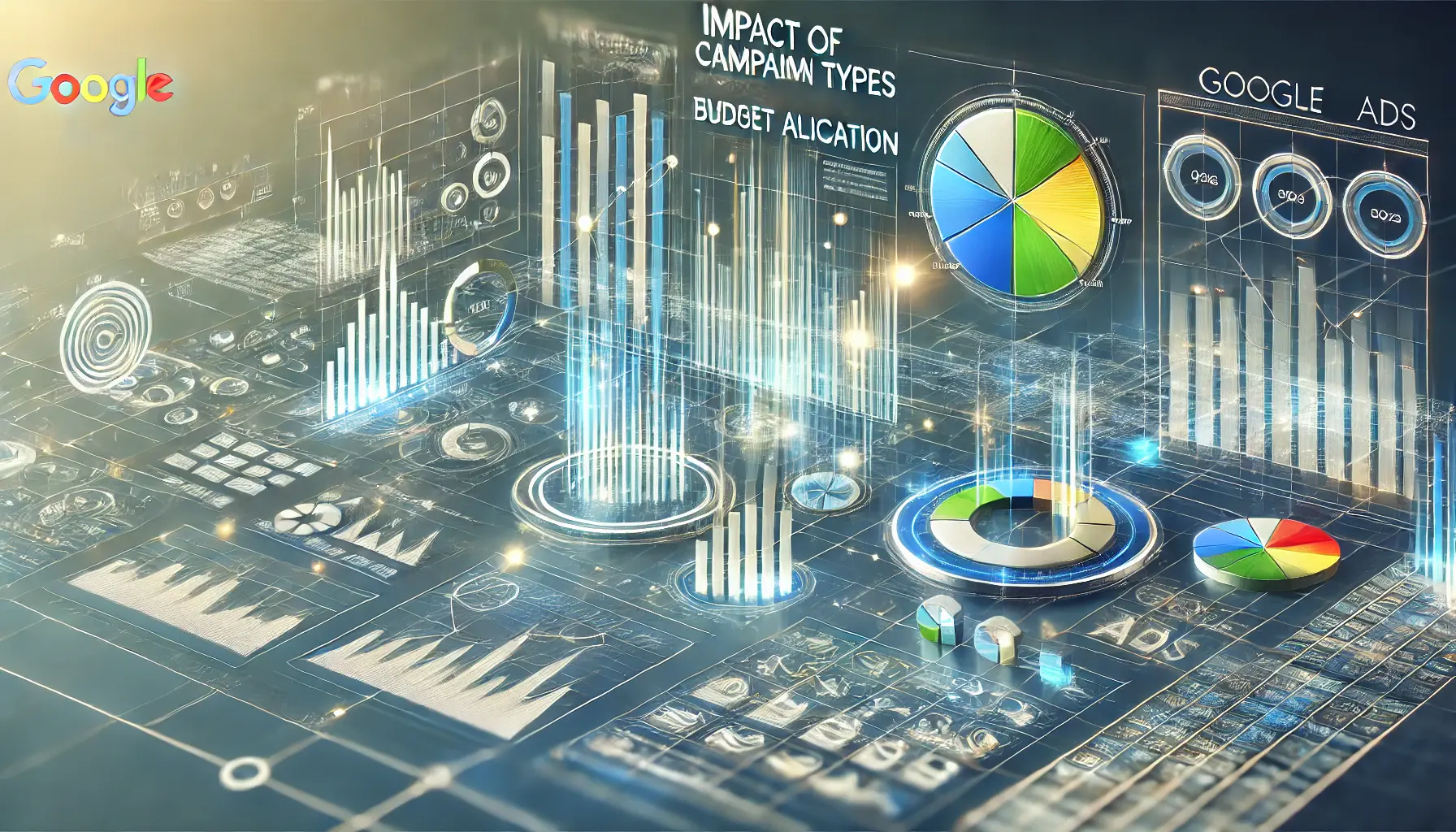 Pie charts and bar graphs representing different Google Ads campaign types and their budget allocation.