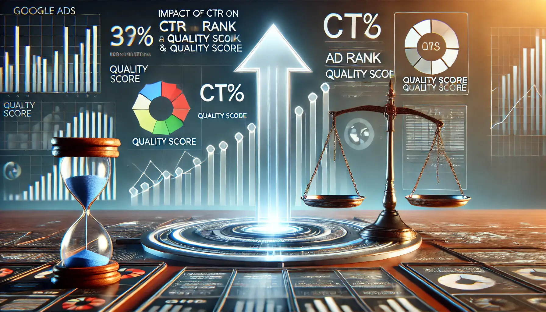 A conceptual representation of CTR's impact on Ad Rank and Quality Score with analytics and growth visuals.