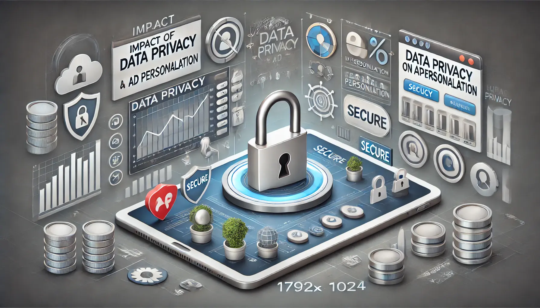 Illustration of data privacy’s impact on ad personalization with a dashboard showing privacy settings and personalized ad options.