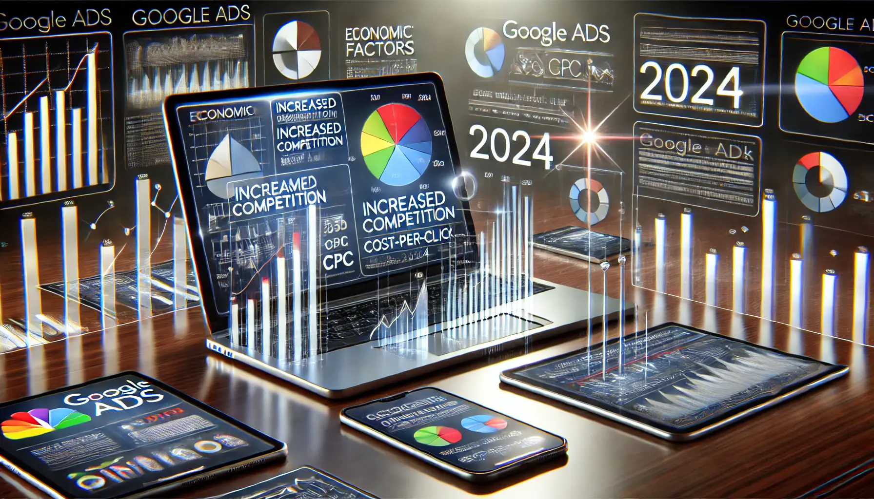 Visualization of economic factors impacting Google Ads metrics, with digital devices showing CPC and conversion rate graphs.