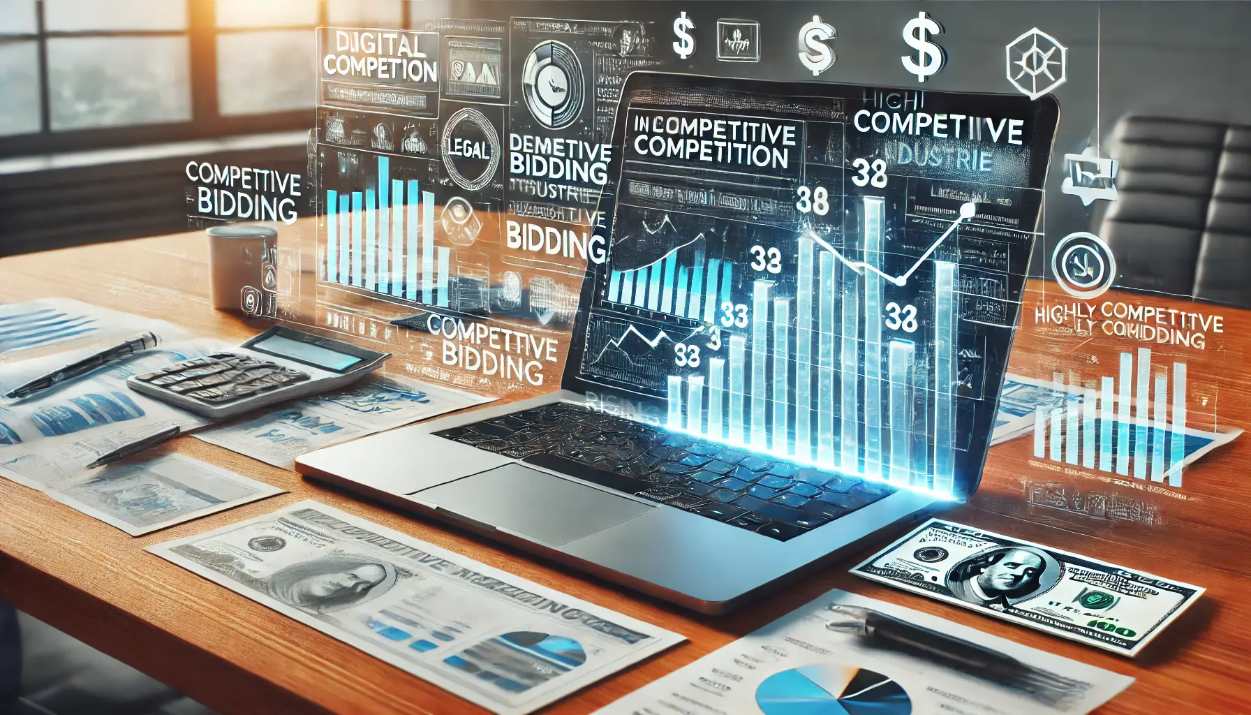 A digital marketing dashboard displaying competitive bidding, with graphs showing rising ad costs in competitive industries like legal, finance, and insurance.