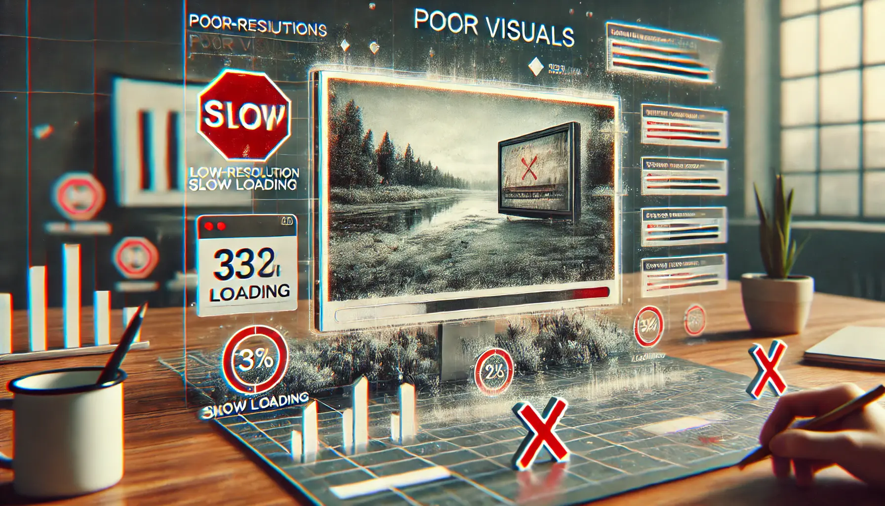 A low-resolution, blurry advertisement with distorted images and mismatched colors, surrounded by negative elements like red crosses and slow loading bars.