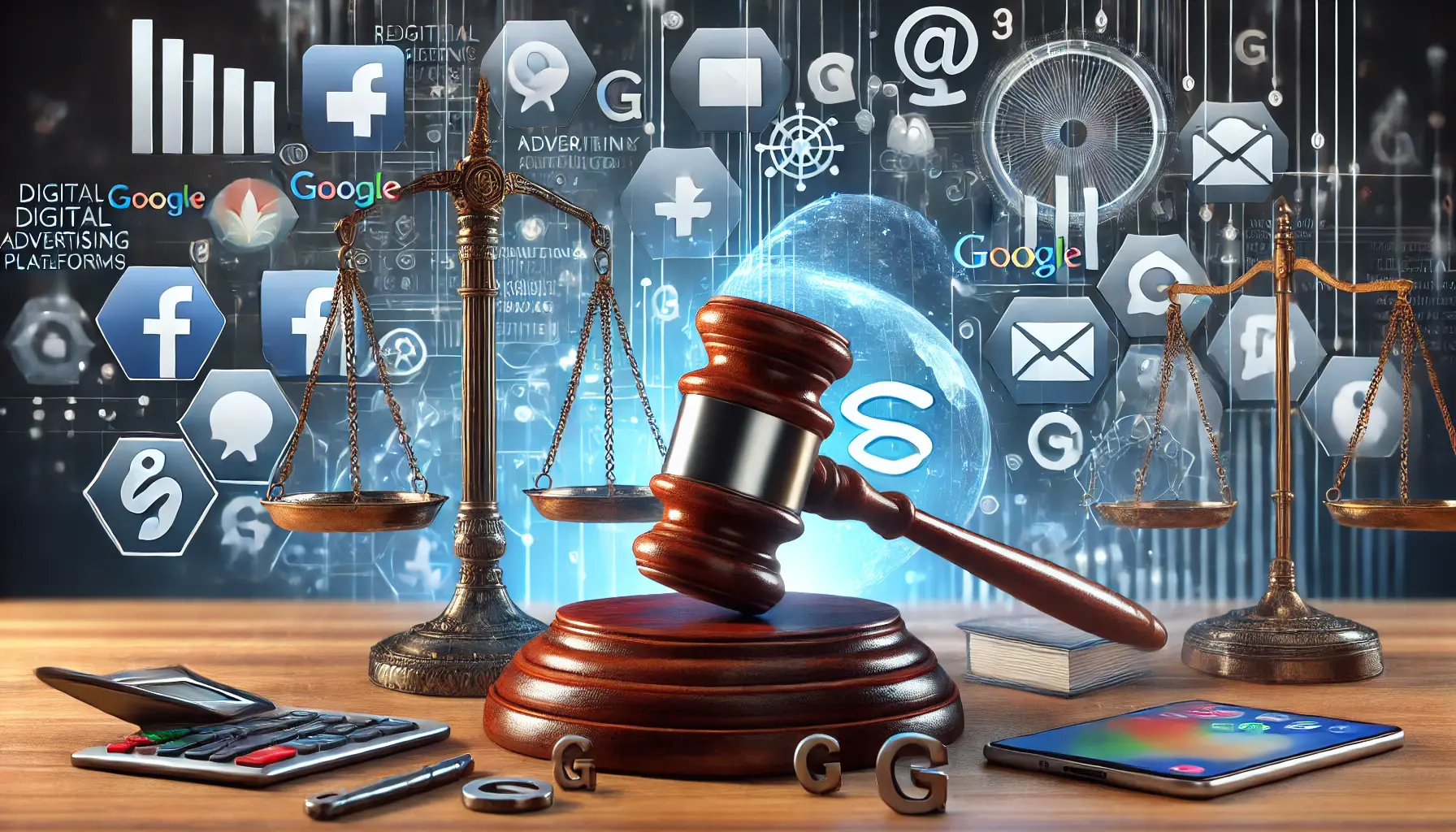 A professional representation of the impact of regulatory challenges on digital advertising, featuring legal symbols and digital platforms.