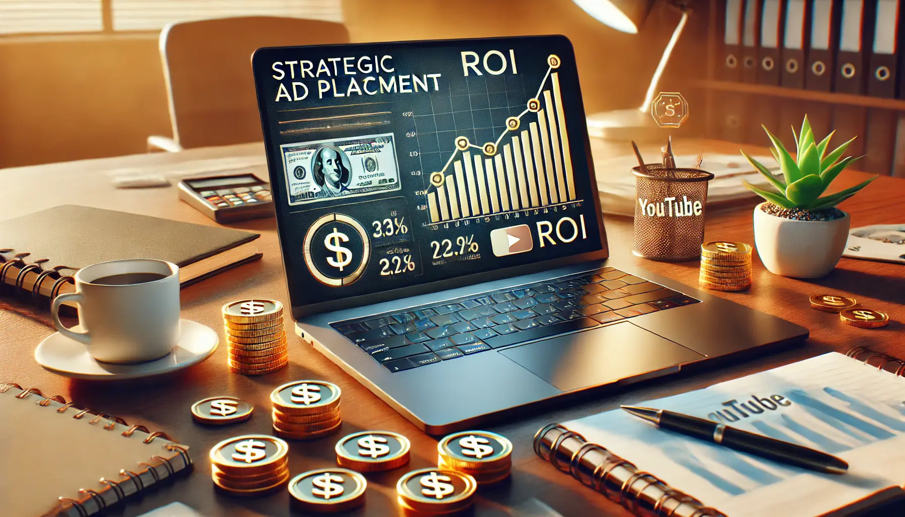 A laptop displaying a YouTube dashboard with a rising profit graph, surrounded by coins and symbols of financial growth.