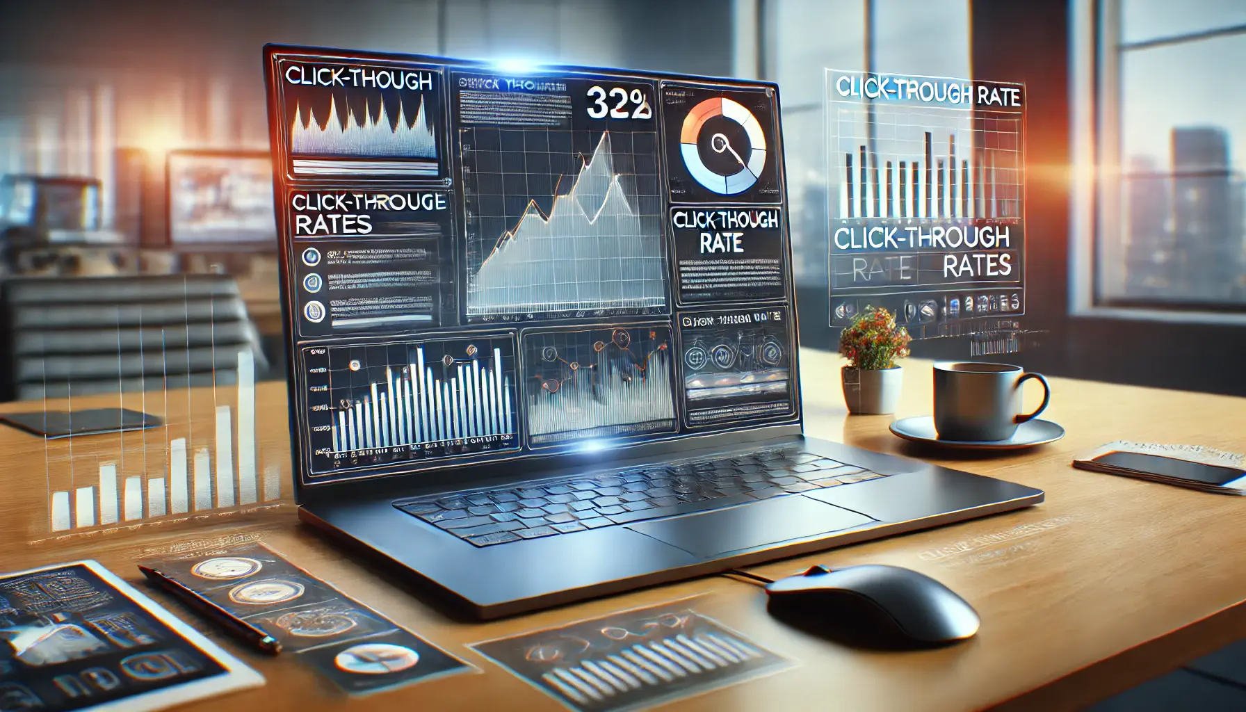 Digital marketing workspace showing analytics with upward trend graphs and click-through rate metrics on a sleek monitor.