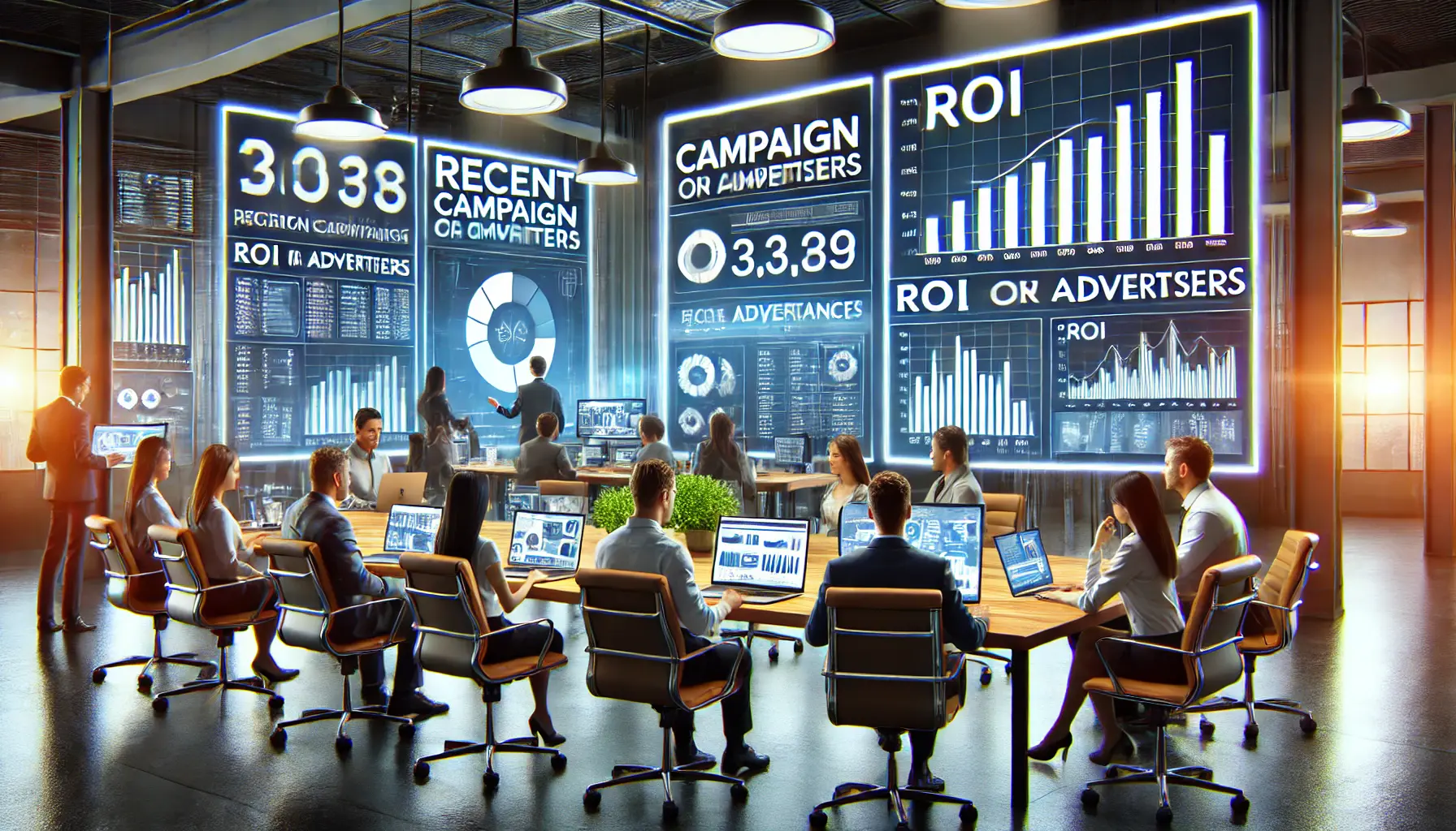 A team of professionals analyzing the impact of campaign performance on advertisers with data displayed on large screens.