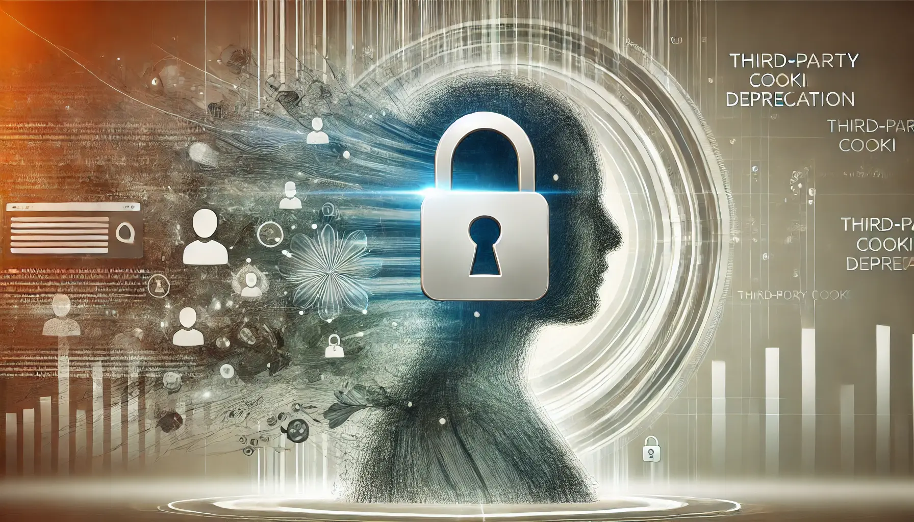 Digital artwork showing a user profile with a padlock overlay and fading data streams, symbolizing enhanced privacy and changes in data collection.