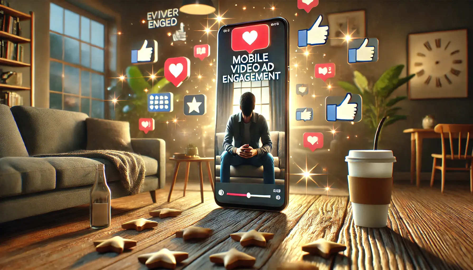 A person watching a mobile video ad with high engagement, represented by interactive symbols like thumbs-up, hearts, and comments, emphasizing viewer interaction.