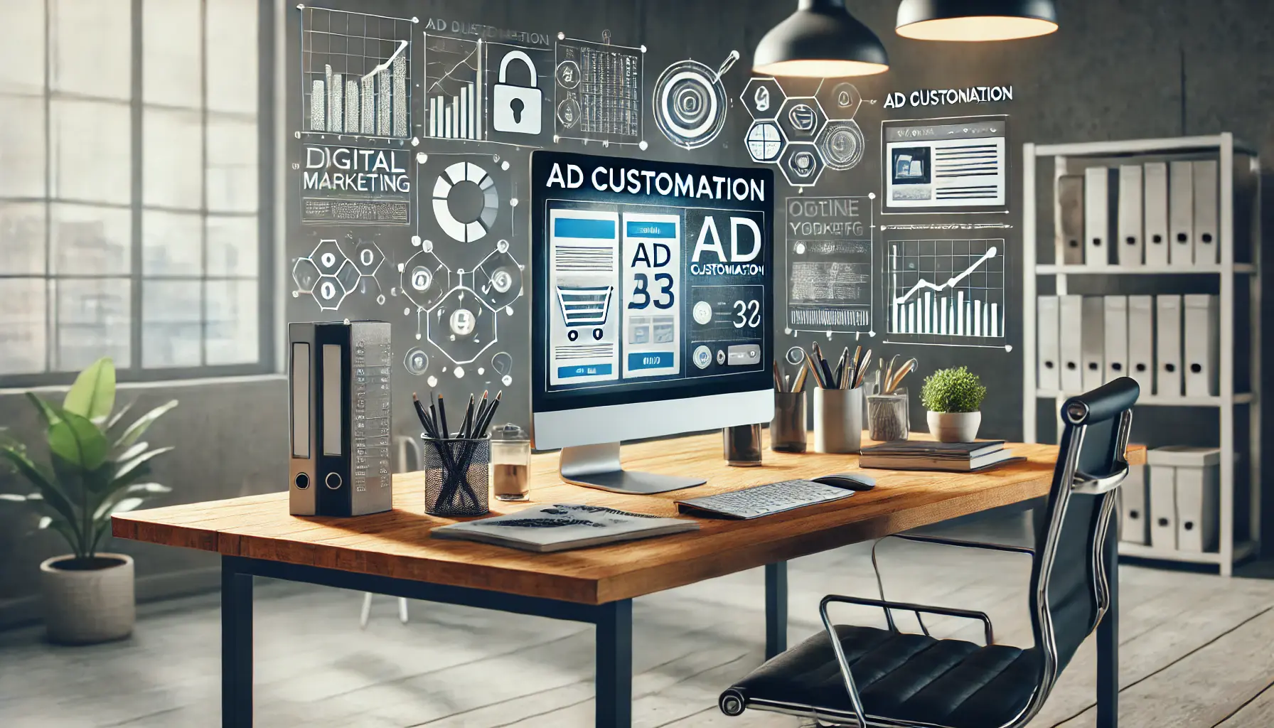 A professional digital marketing workspace showing a customized ad on a computer screen, with analytics graphs and subtle e-commerce visuals in the background.