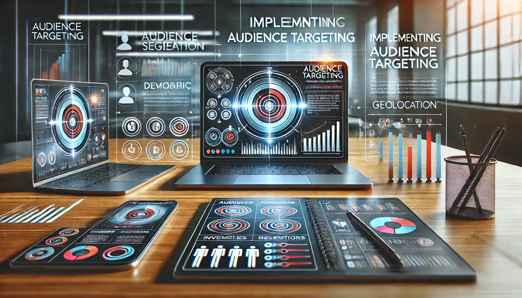 Visualization of audience targeting tools with demographic insights, user profiles, and geolocation data.