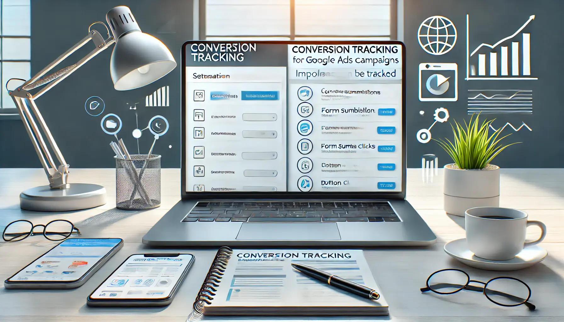 A modern office workspace with a laptop displaying a conversion tracking setup interface, surrounded by a notepad, pen, and smartphone.