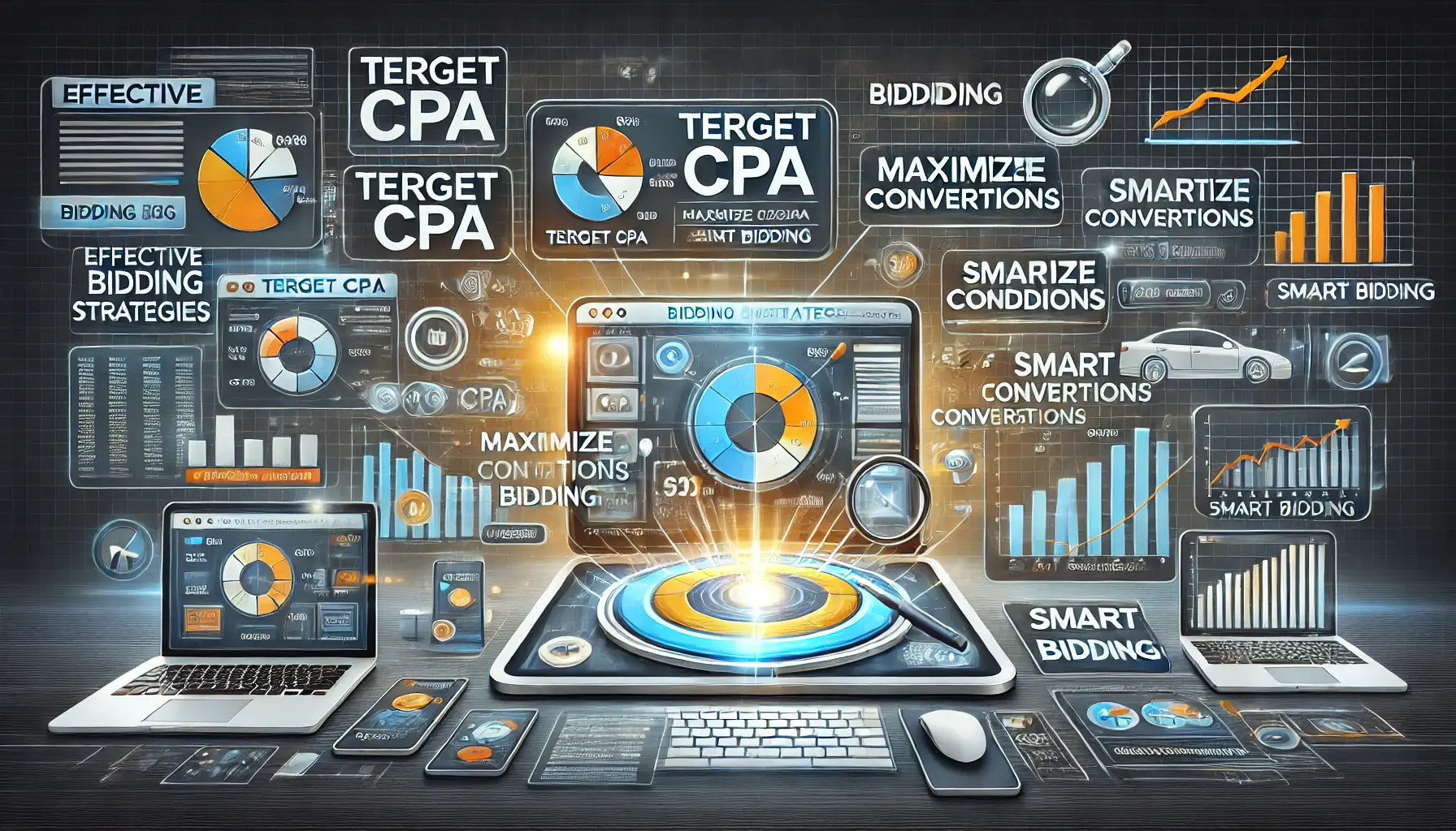 Illustration depicting effective bidding strategies with a dashboard showing bidding options and performance metrics.