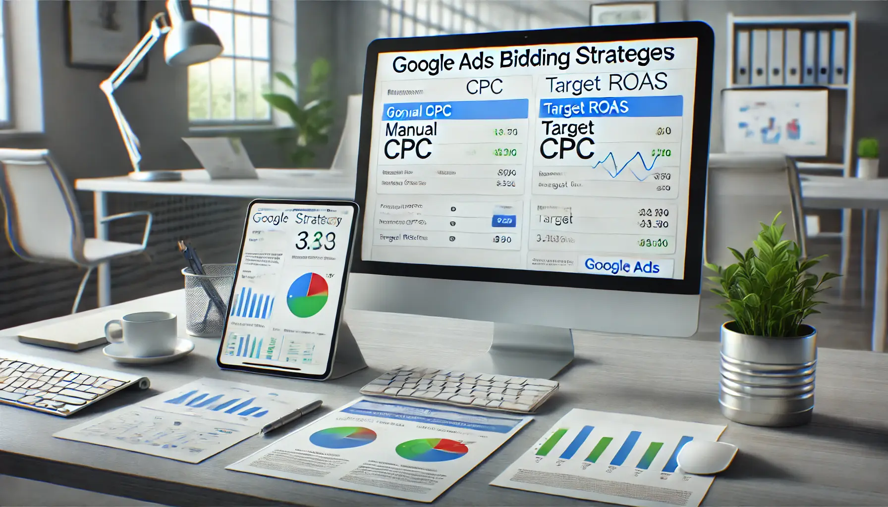 A workspace featuring a computer displaying Google Ads bidding strategy settings, a tablet with performance graphs, and documents analyzing cost trends.