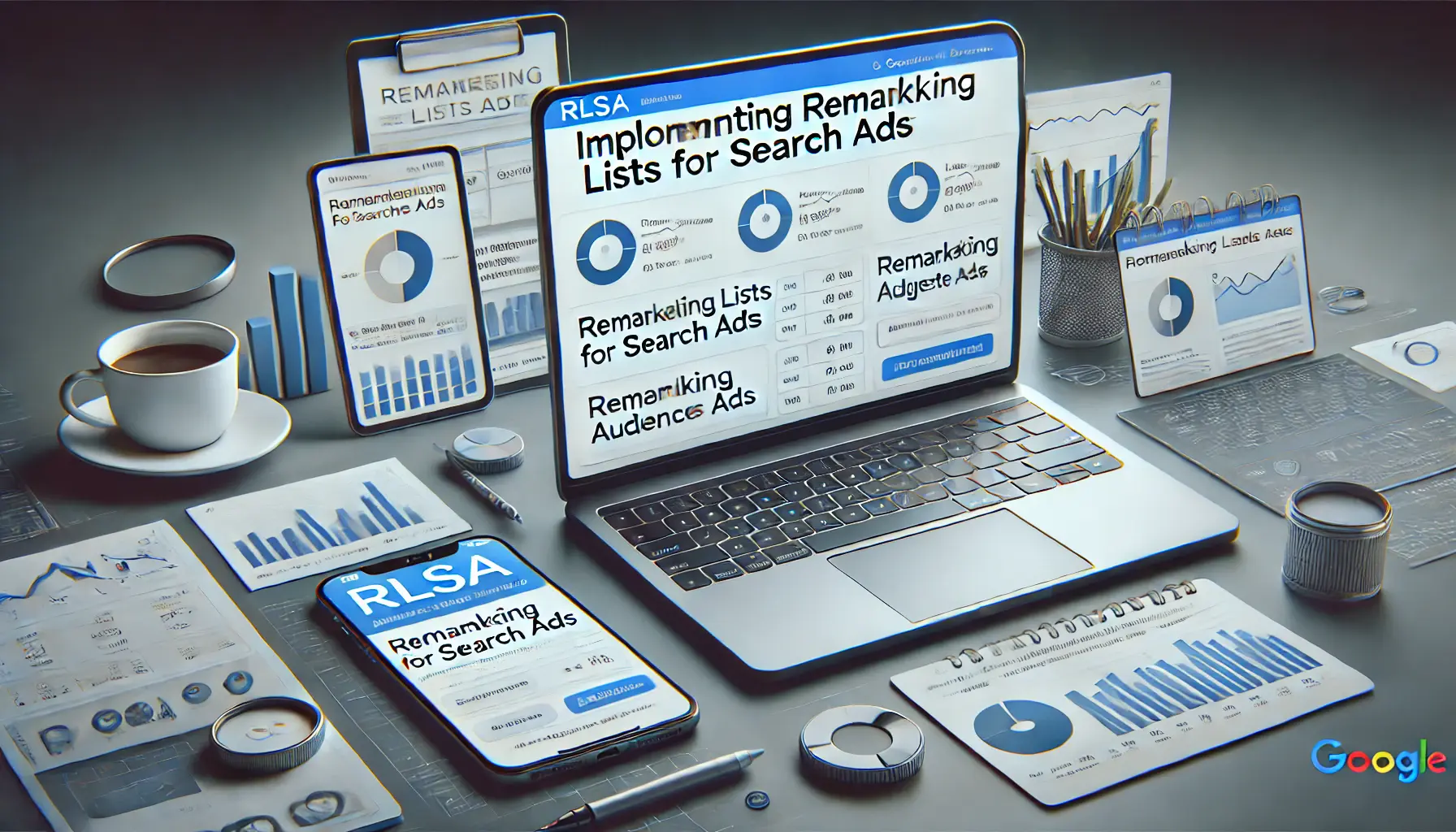 A laptop displaying the RLSA campaign setup interface with audience lists and ad previews, surrounded by a smartphone showing performance metrics, a tablet with audience data, and a notepad with strategies in a modern workspace.