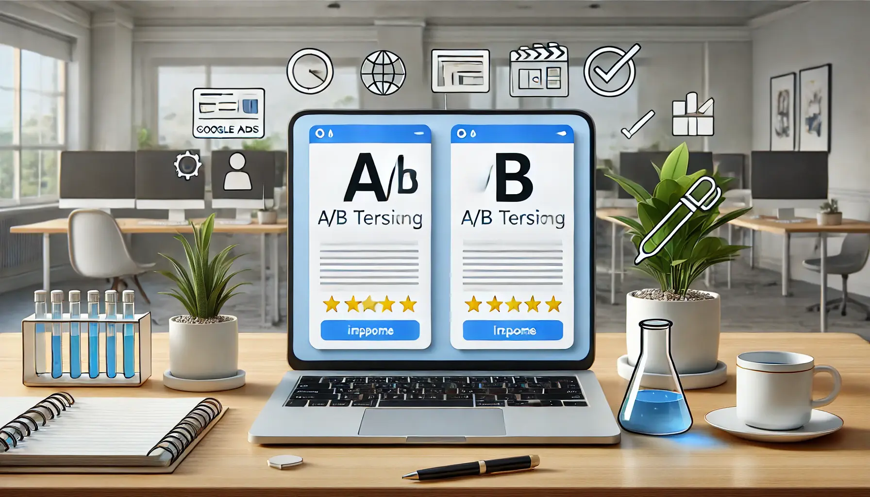 A digital workspace showing a laptop with two versions of an ad or landing page, marked 'A' and 'B', with icons representing testing.