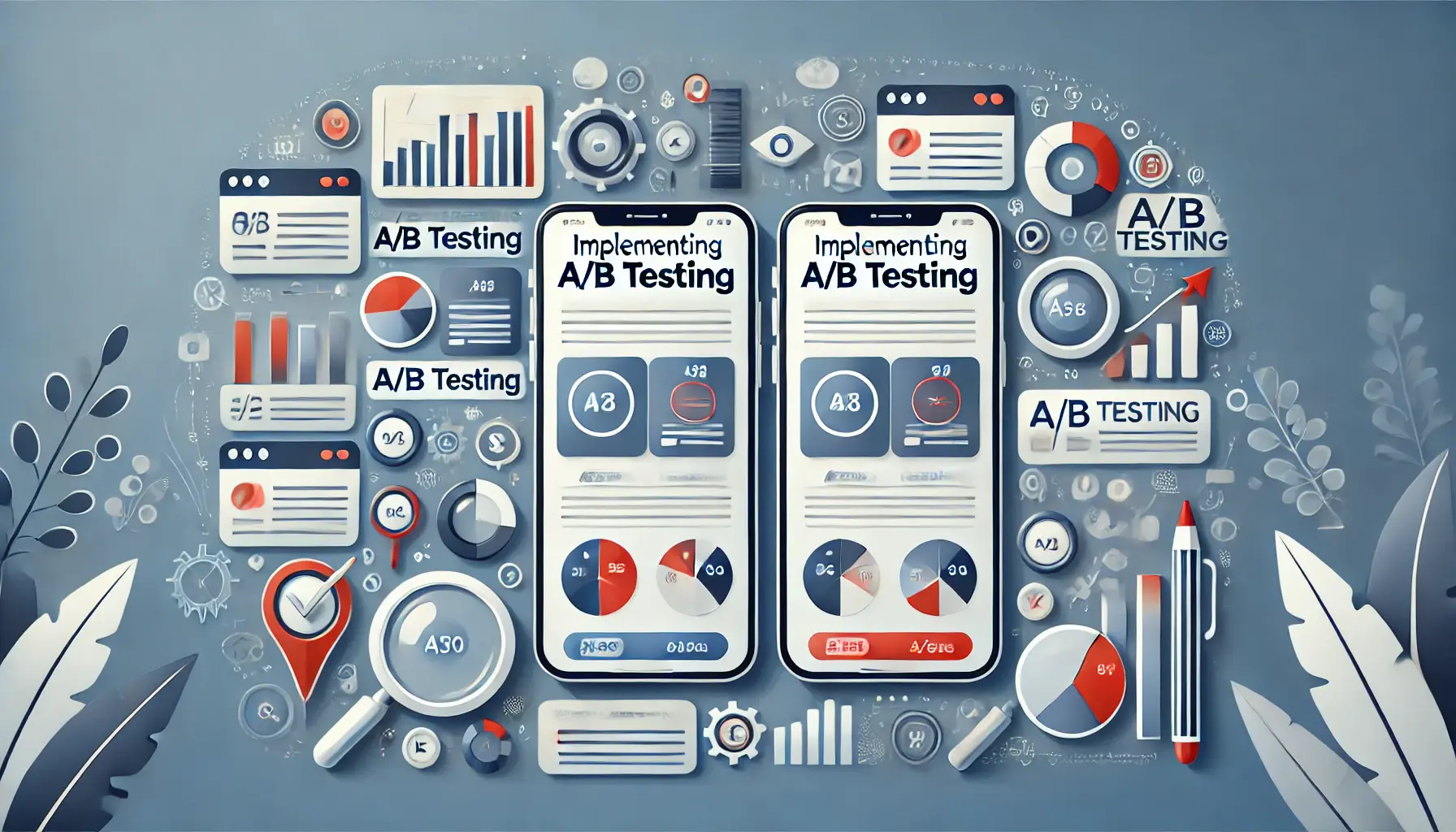 Two smartphones displaying different versions of an ad side by side, surrounded by icons of testing and analysis.