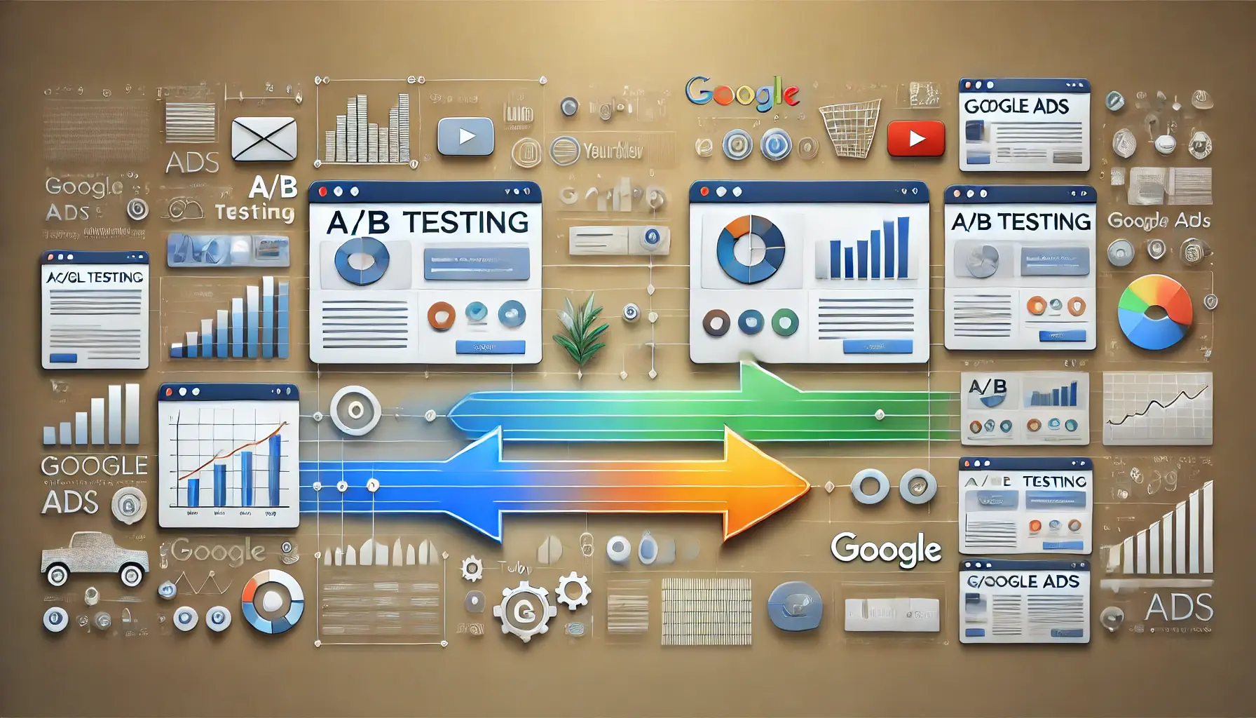 A professional illustration showing two variations of an ad side by side, with arrows and graphs connecting them to represent A/B testing and performance analysis for Google Ads campaigns.