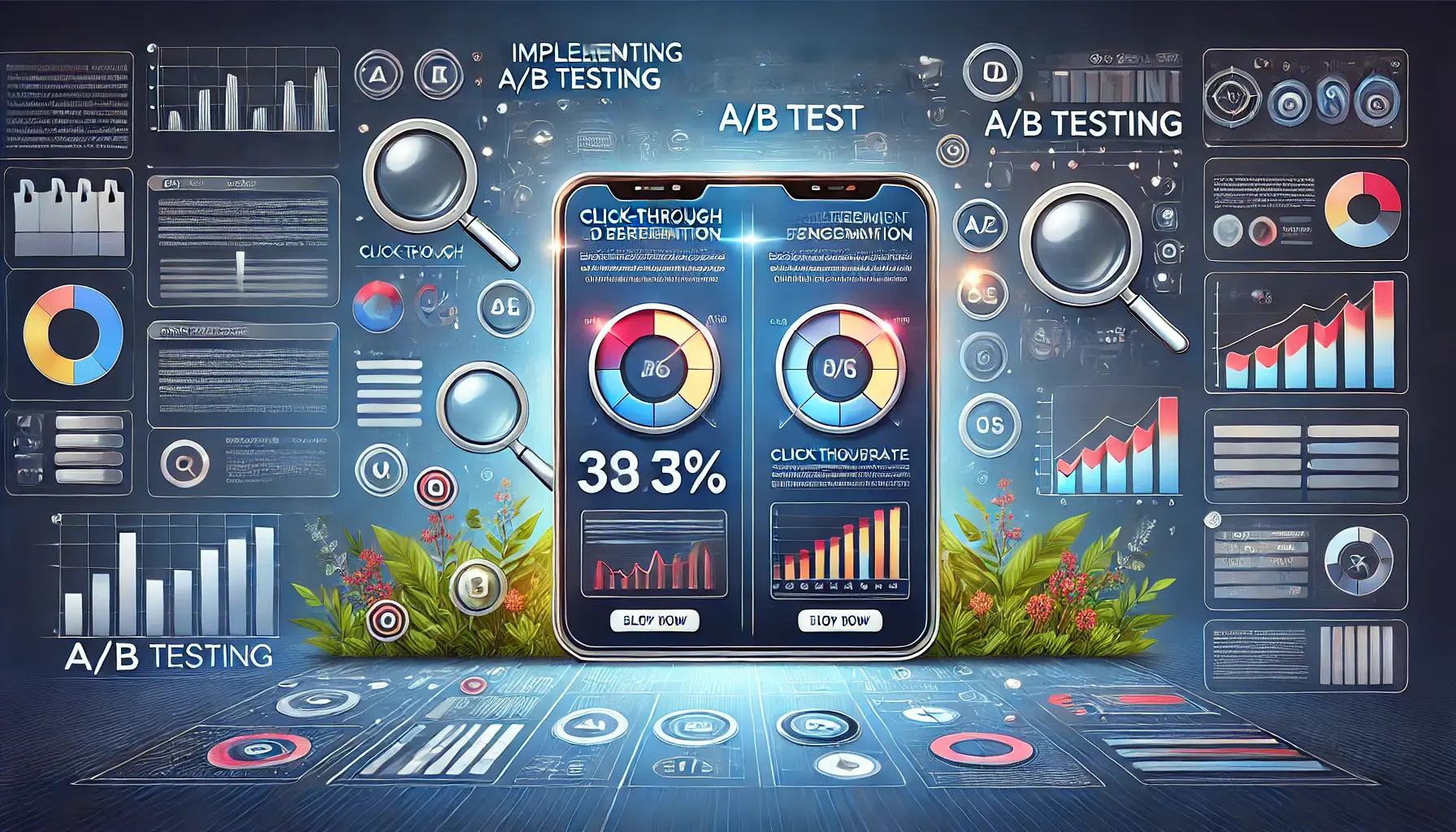 A digital interface displaying two ad variations side-by-side with performance metrics like click-through rates, surrounded by icons for data analysis, experimentation, and optimization.