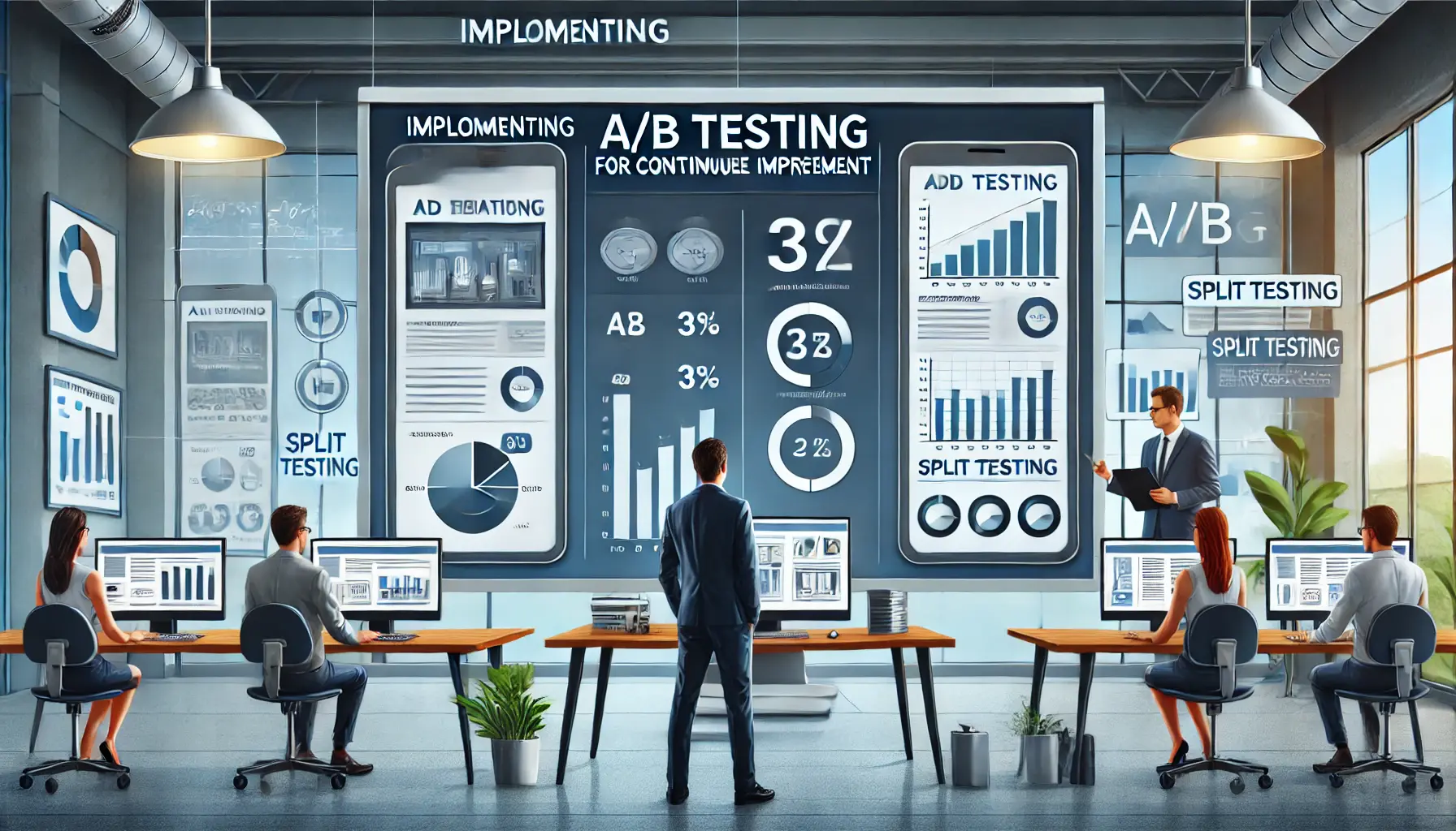 Professional analyzing A/B testing results with side-by-side ad variations and performance charts.