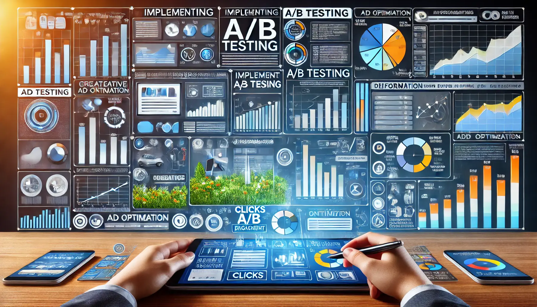 A digital interface showing two versions of an ad side by side, with performance metrics like clicks, engagement, and conversion rates.