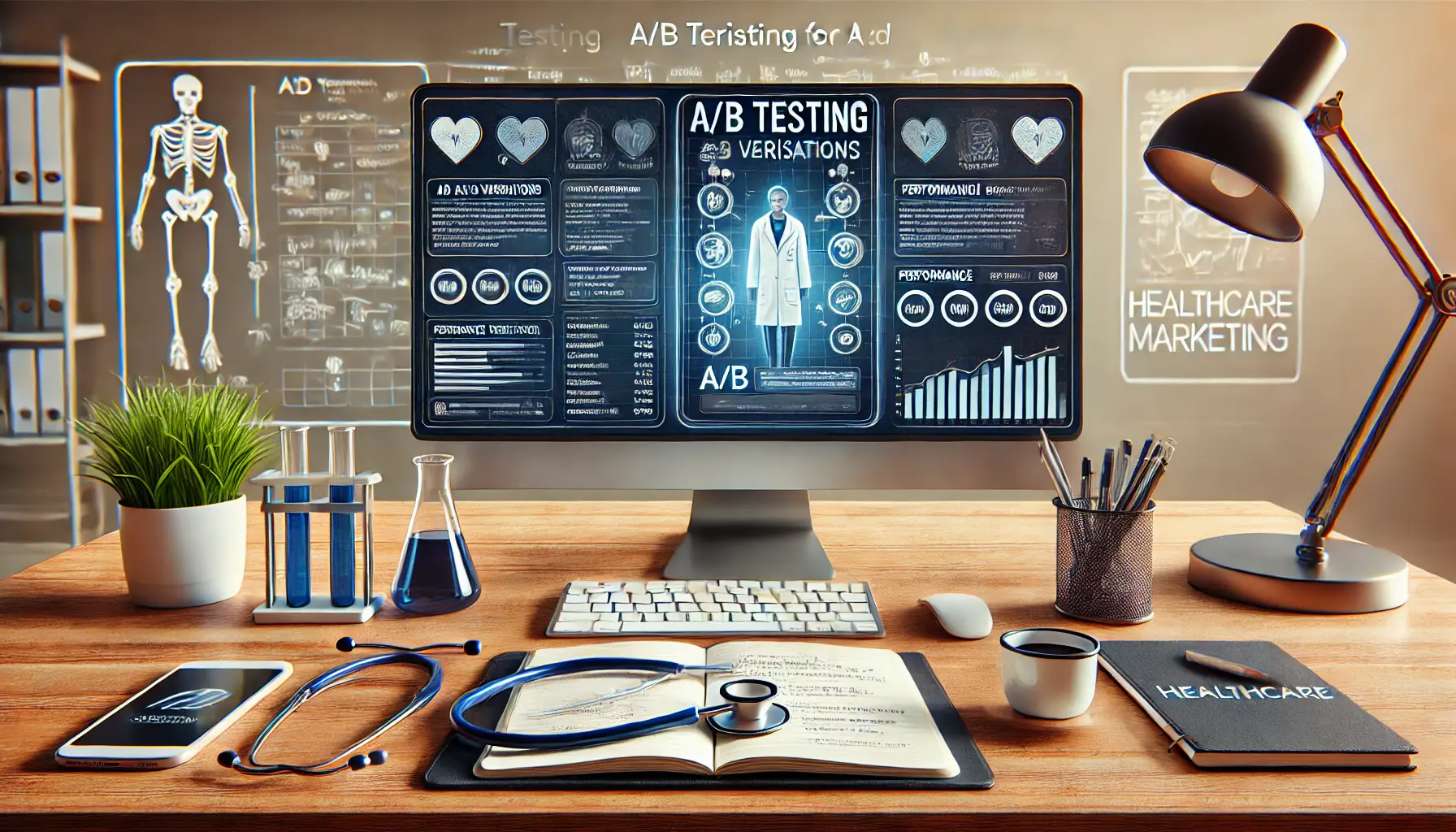 A professional workspace with a dual-screen setup showing A/B testing for healthcare ads and performance metrics comparison.