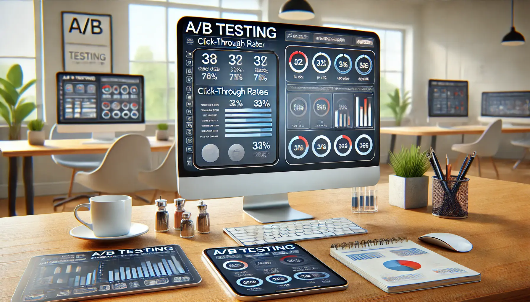 A workspace with a computer displaying A/B testing results for app campaigns, comparing different app interfaces.