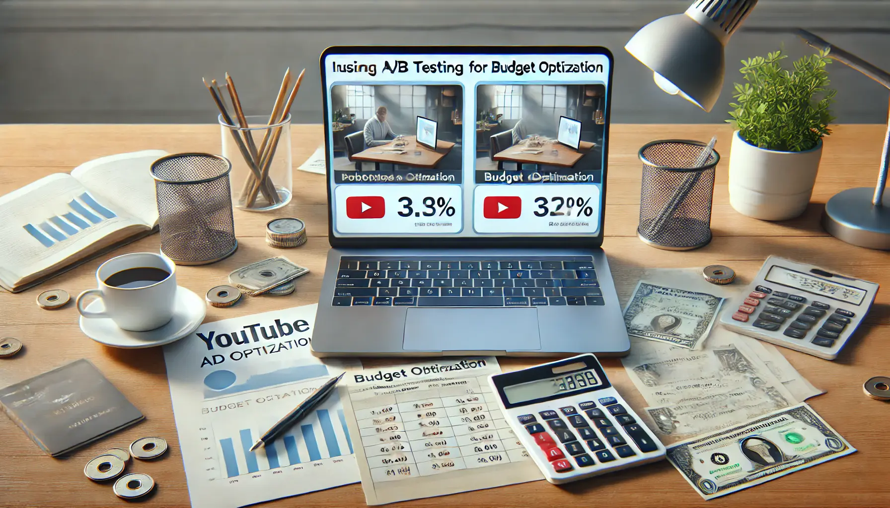 A workspace with a laptop displaying two different ad versions being tested, performance metrics, financial documents, a calculator, and a cup of coffee, symbolizing the use of A/B testing for YouTube ad budget optimization.