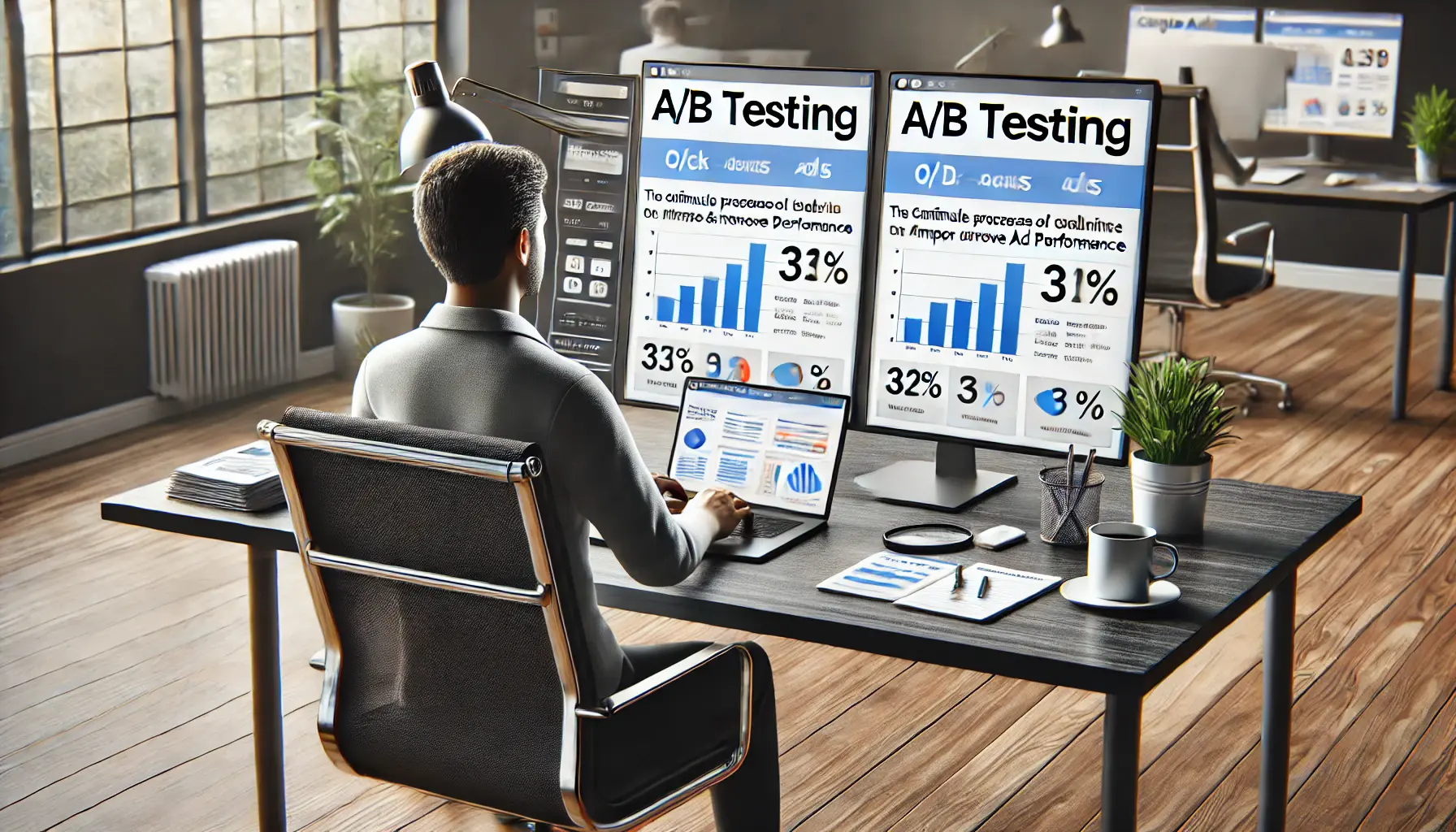 A small business owner comparing two versions of an ad for A/B testing on a laptop, analyzing performance data.