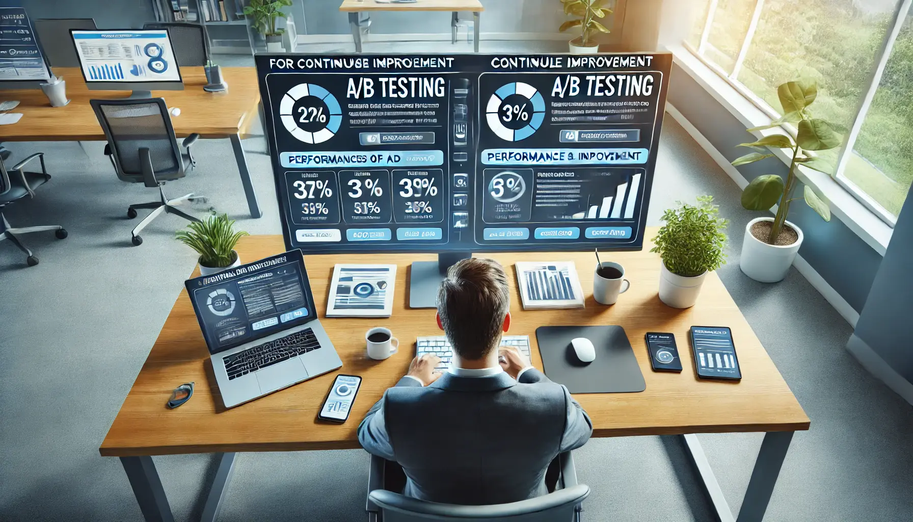 A digital marketing professional analyzing two versions of an ad on a computer screen, with performance data and test results displayed.