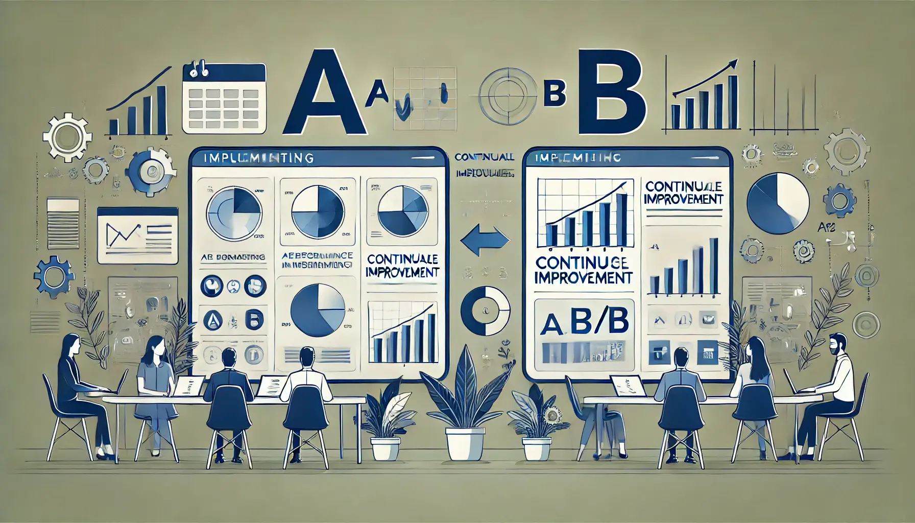 An image illustrating the concept of A/B testing for continuous improvement, showing two ad variations with performance metrics.