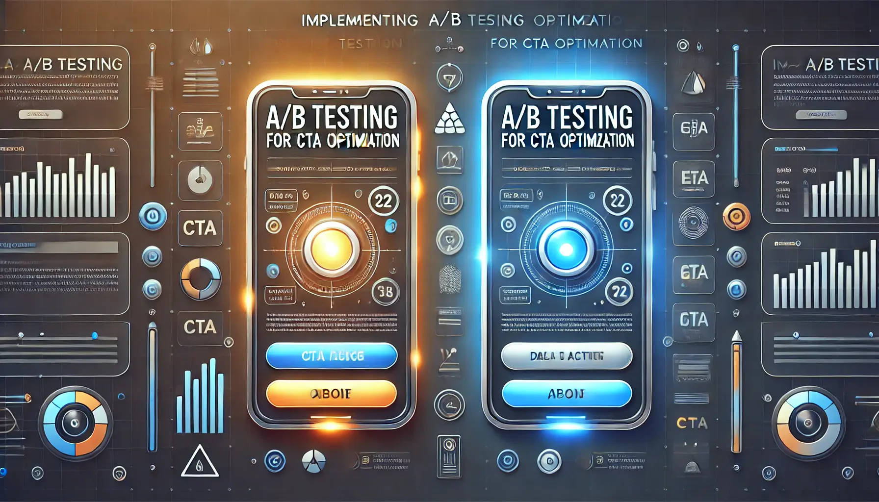 An image featuring two digital ads side by side, each with a different call-to-action button design, accompanied by test and data analysis symbols.