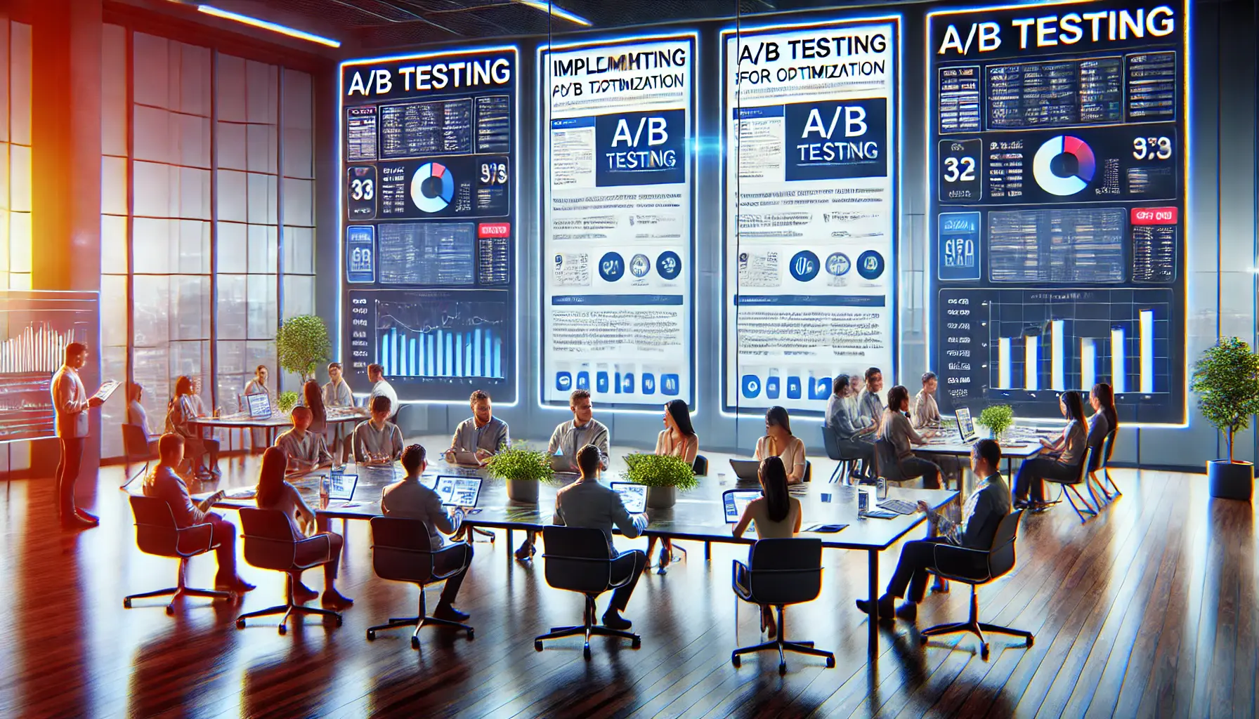 Digital marketing team reviewing A/B test results comparing two versions of an ad in a modern workspace.