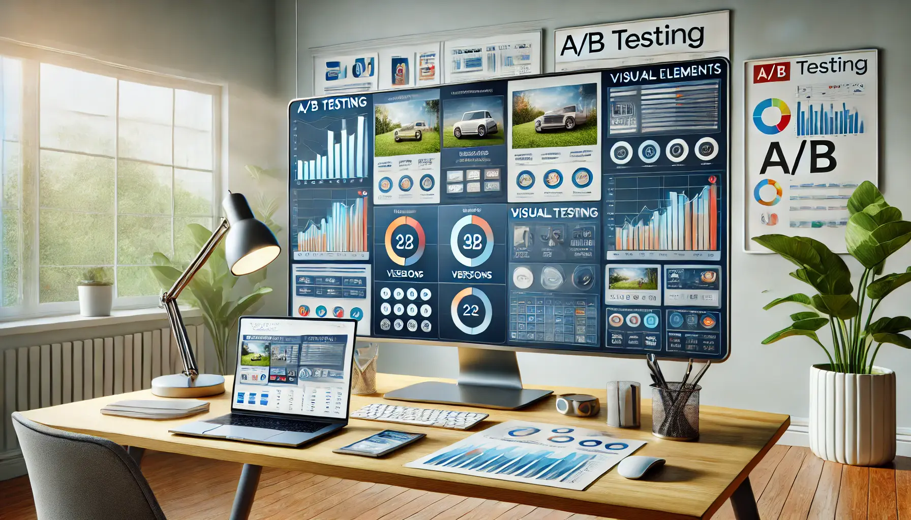 Workspace featuring A/B testing for visual elements in digital ads, with two ad versions displayed side by side on a monitor.