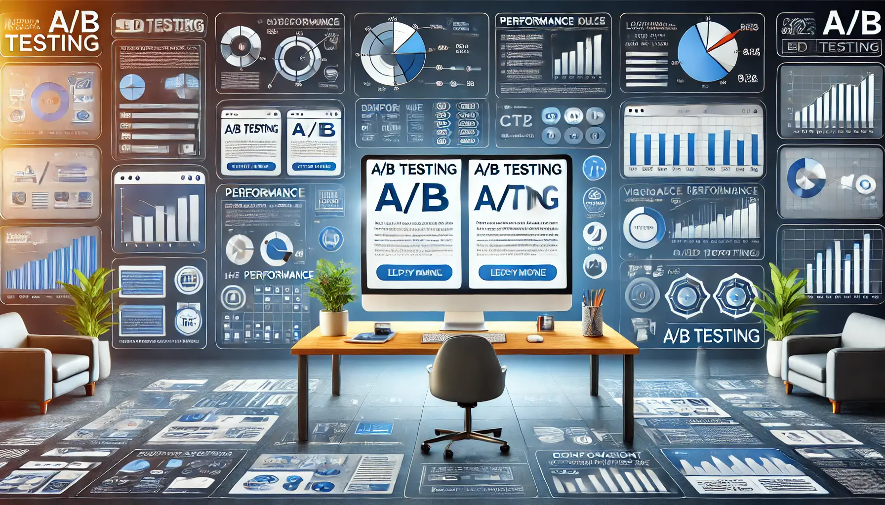 A digital workspace showing two ad variations being compared in an A/B test with performance graphs and metrics