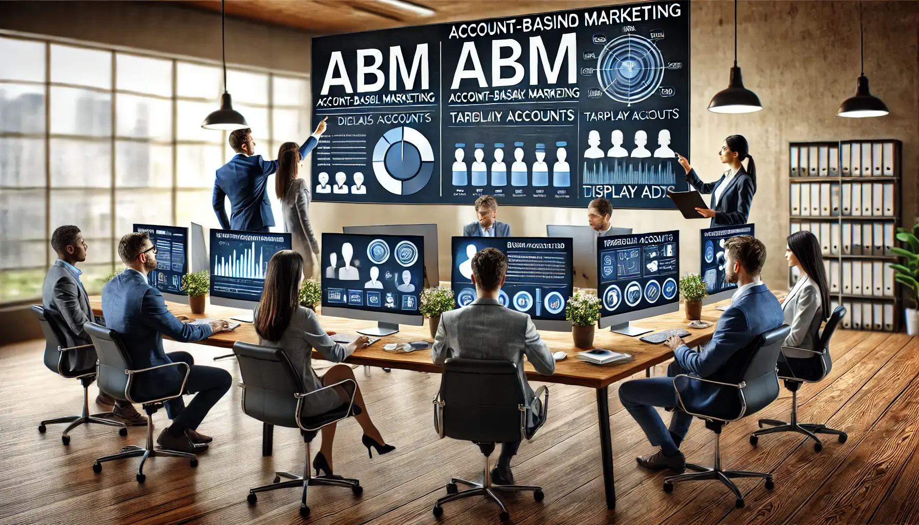 A team of marketers in a modern office analyzing detailed client profiles on computer screens, implementing Account-Based Marketing (ABM) strategies for B2B display ads.