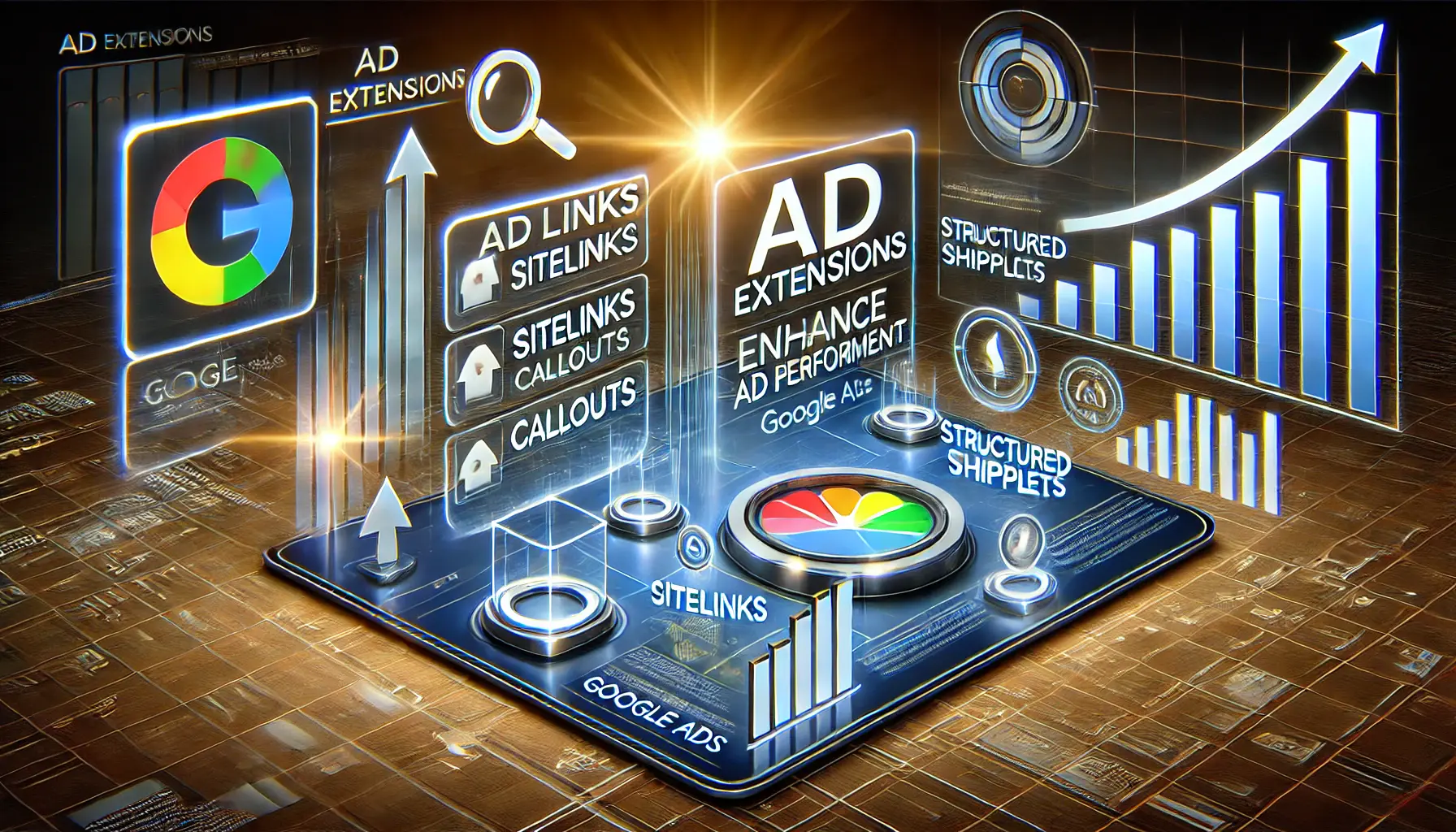 Illustration of ad extensions implementation with a digital dashboard showing options like sitelinks and callouts.