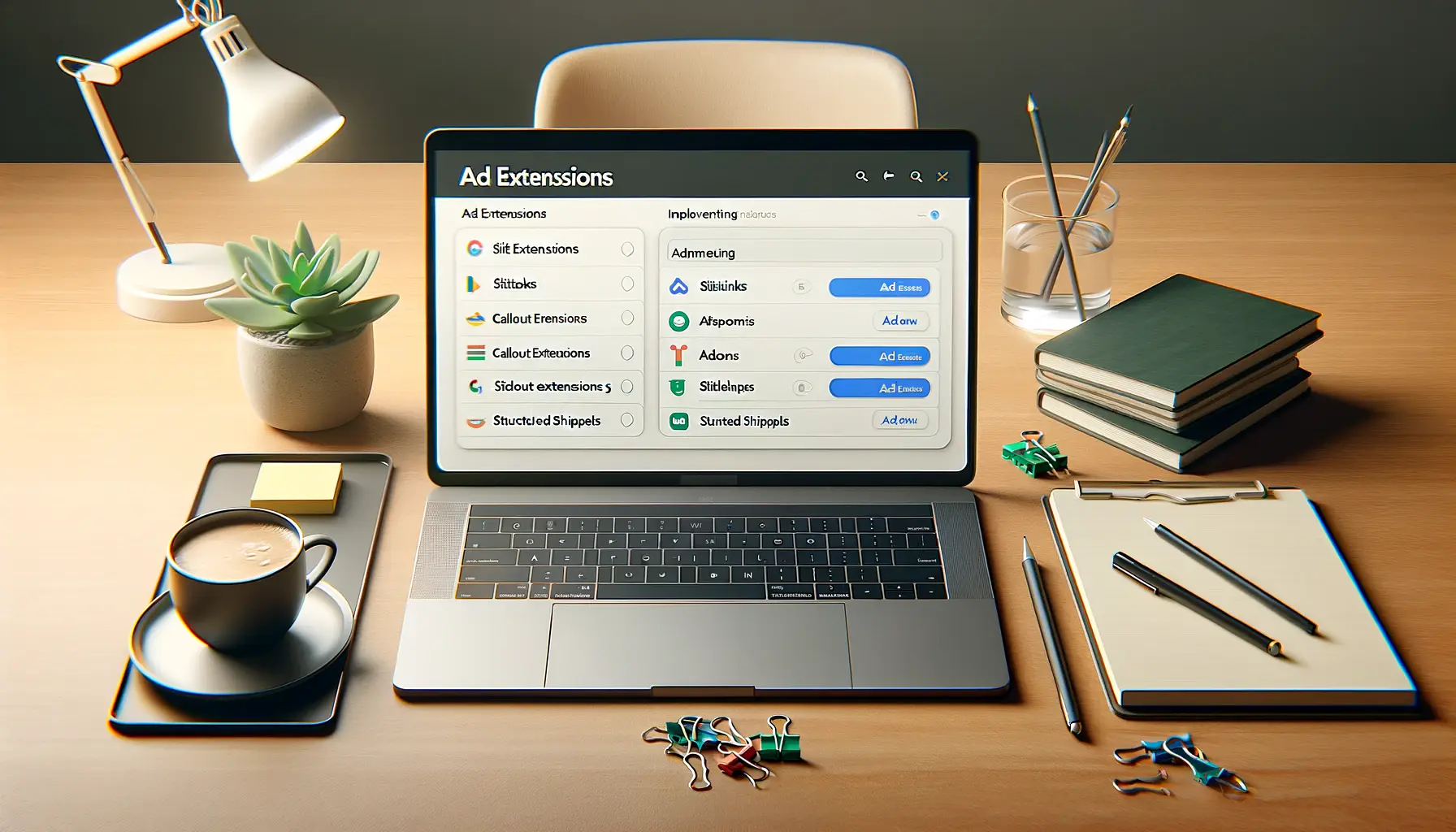 A digital marketing workspace with a laptop displaying an ad creation tool for adding Google Ads extensions.