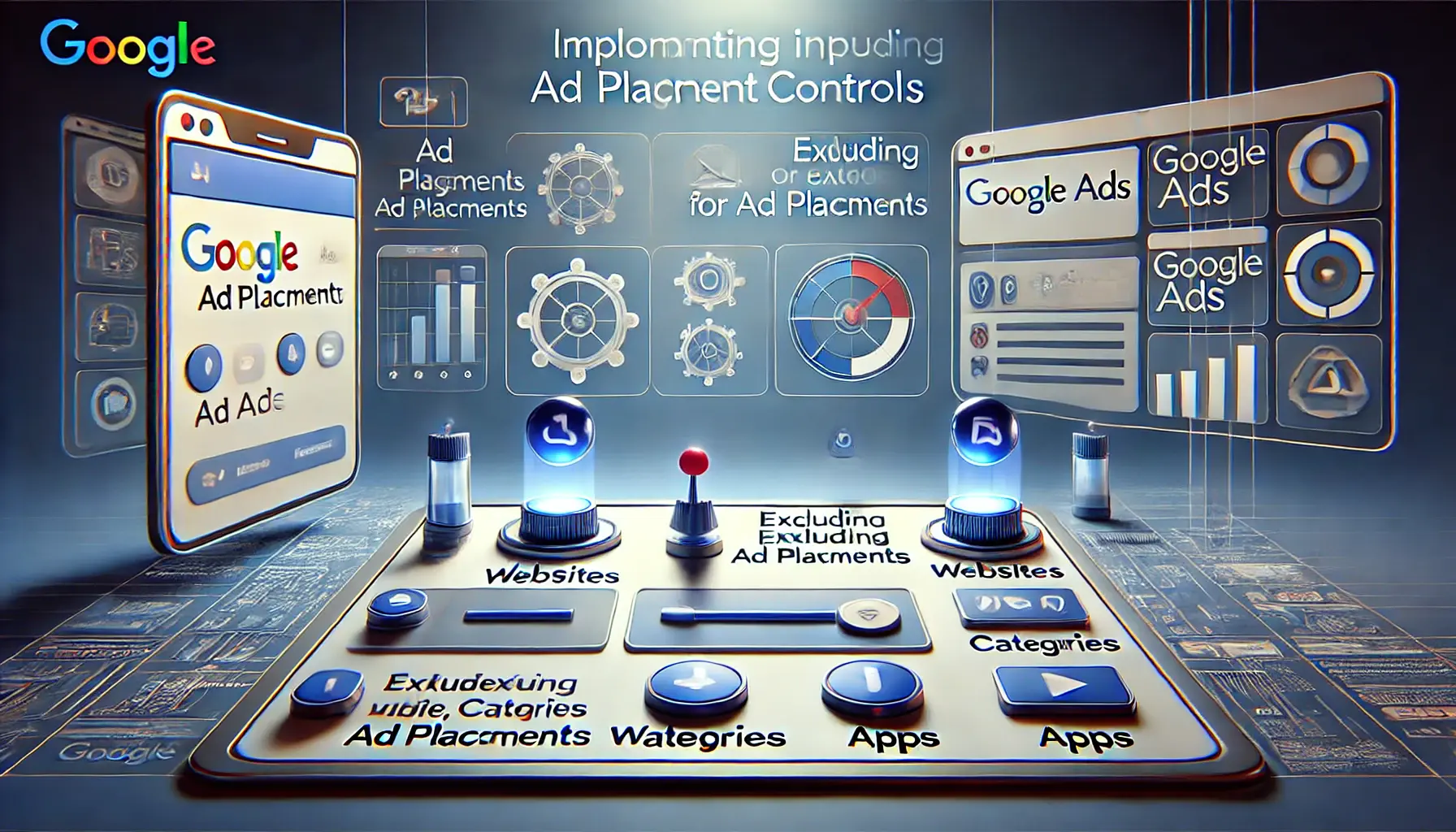 An image depicting a digital dashboard with ad placement settings in Google Ads, including controls like toggles and sliders for selecting or excluding websites and apps.