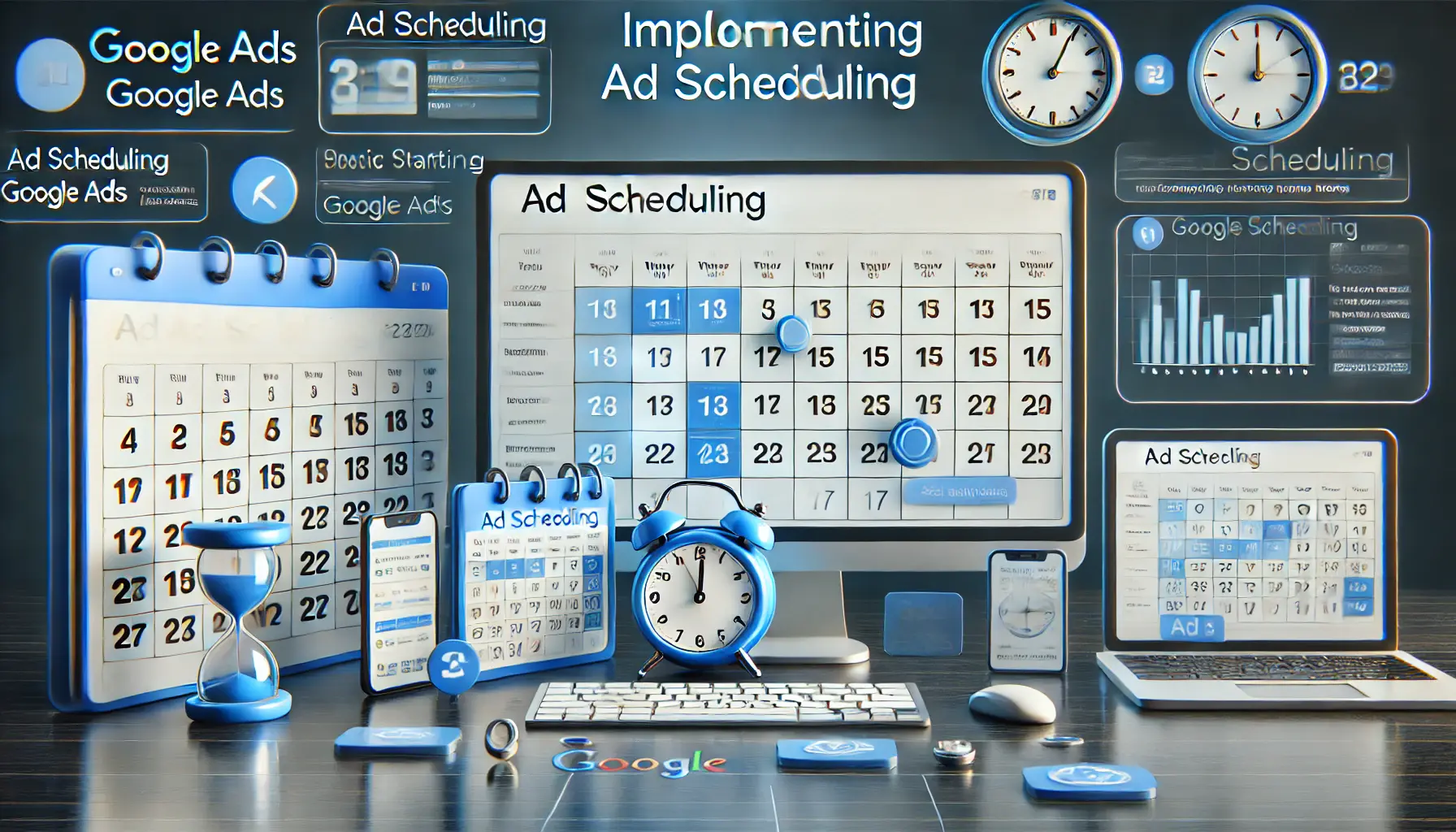 Illustration of implementing ad scheduling in Google Ads with a campaign calendar and time slots across devices.