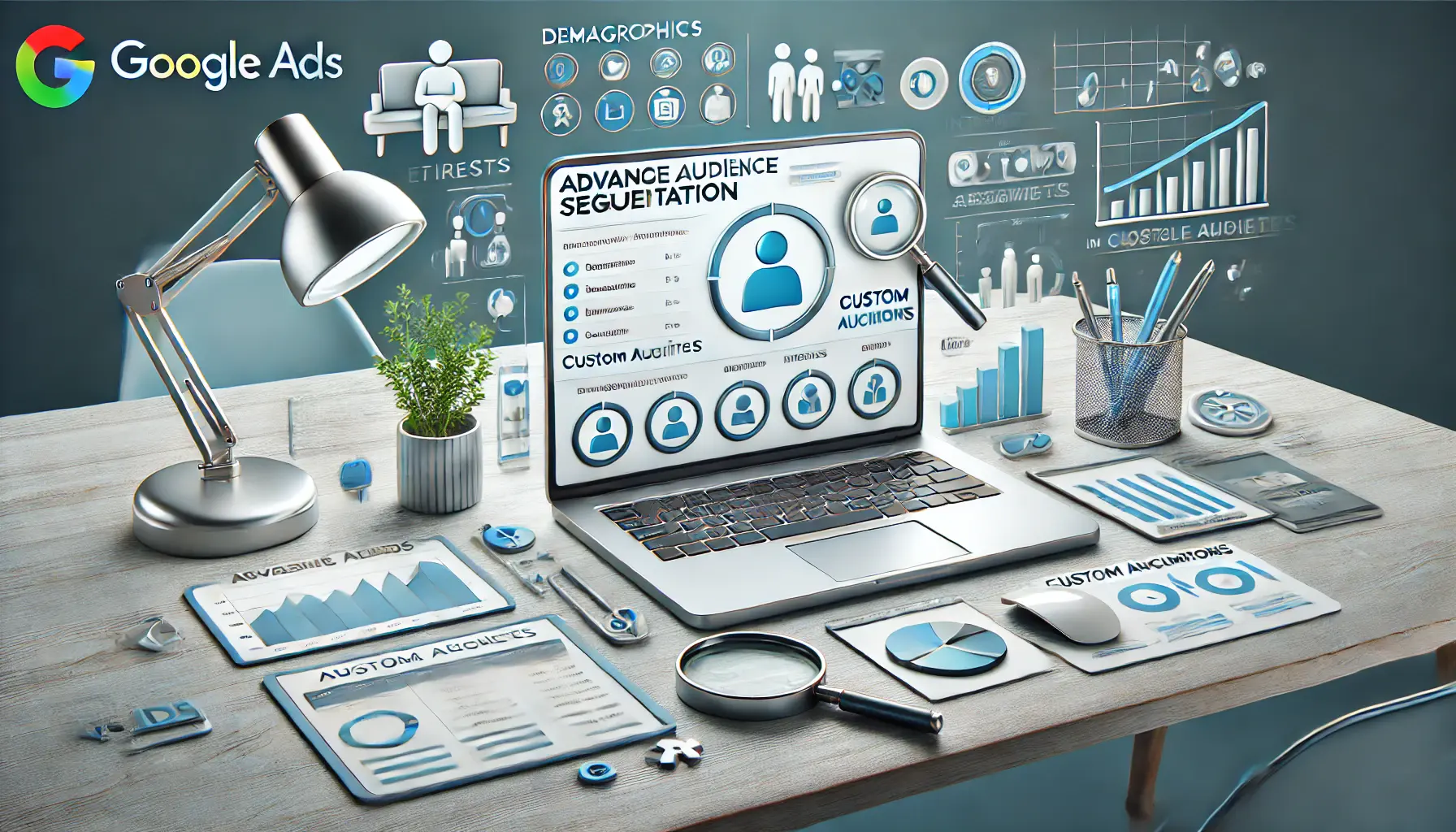 A workspace with a laptop displaying an audience segmentation dashboard in Google Ads, surrounded by audience icons, analytics charts, and a magnifying glass symbolizing precision targeting.