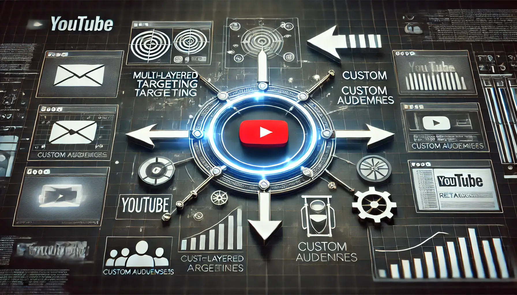 An image representing the implementation of advanced YouTube retargeting strategies, with multi-layered targeting and user engagement icons.