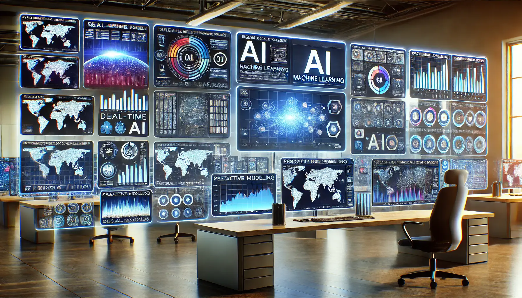 A futuristic digital workspace featuring AI-powered dashboards with machine learning algorithms analyzing real-time data and visualizing trends for social media analytics.