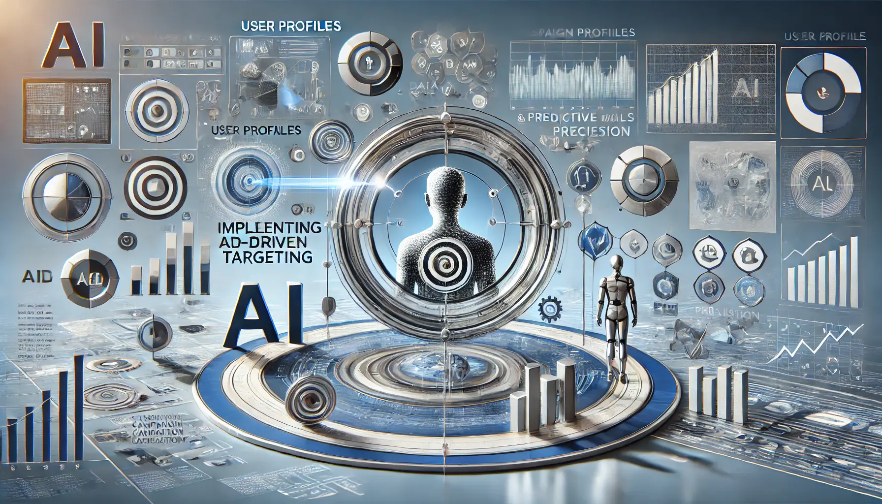 Abstract illustration showing the implementation of AI-driven targeting for campaign success with user profiles, data analysis, and personalized ad placements.