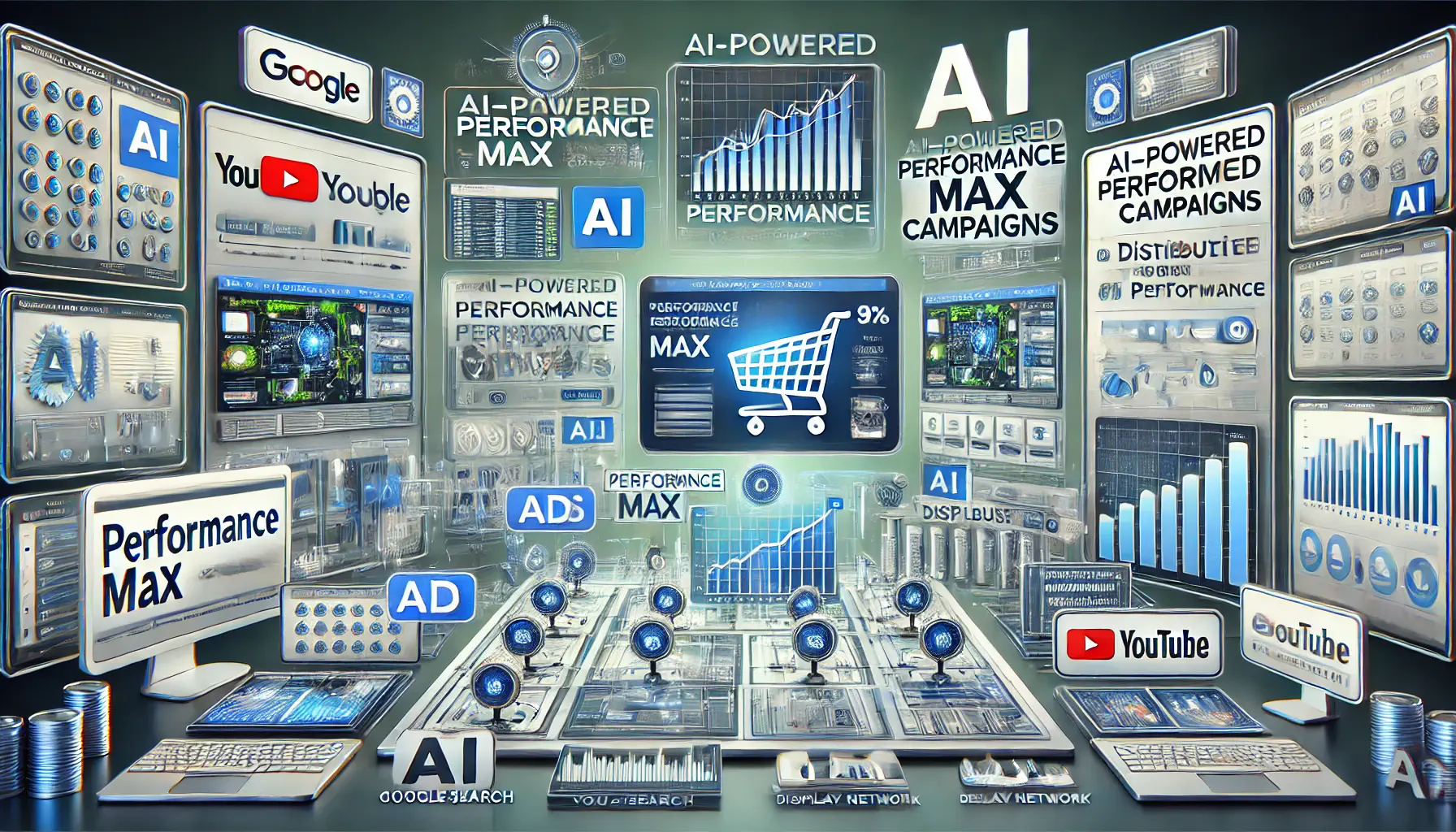 A digital dashboard showcasing AI-powered Performance Max campaigns, with real-time data analysis and ad optimization across various platforms like Google Search, YouTube, and Display Network.