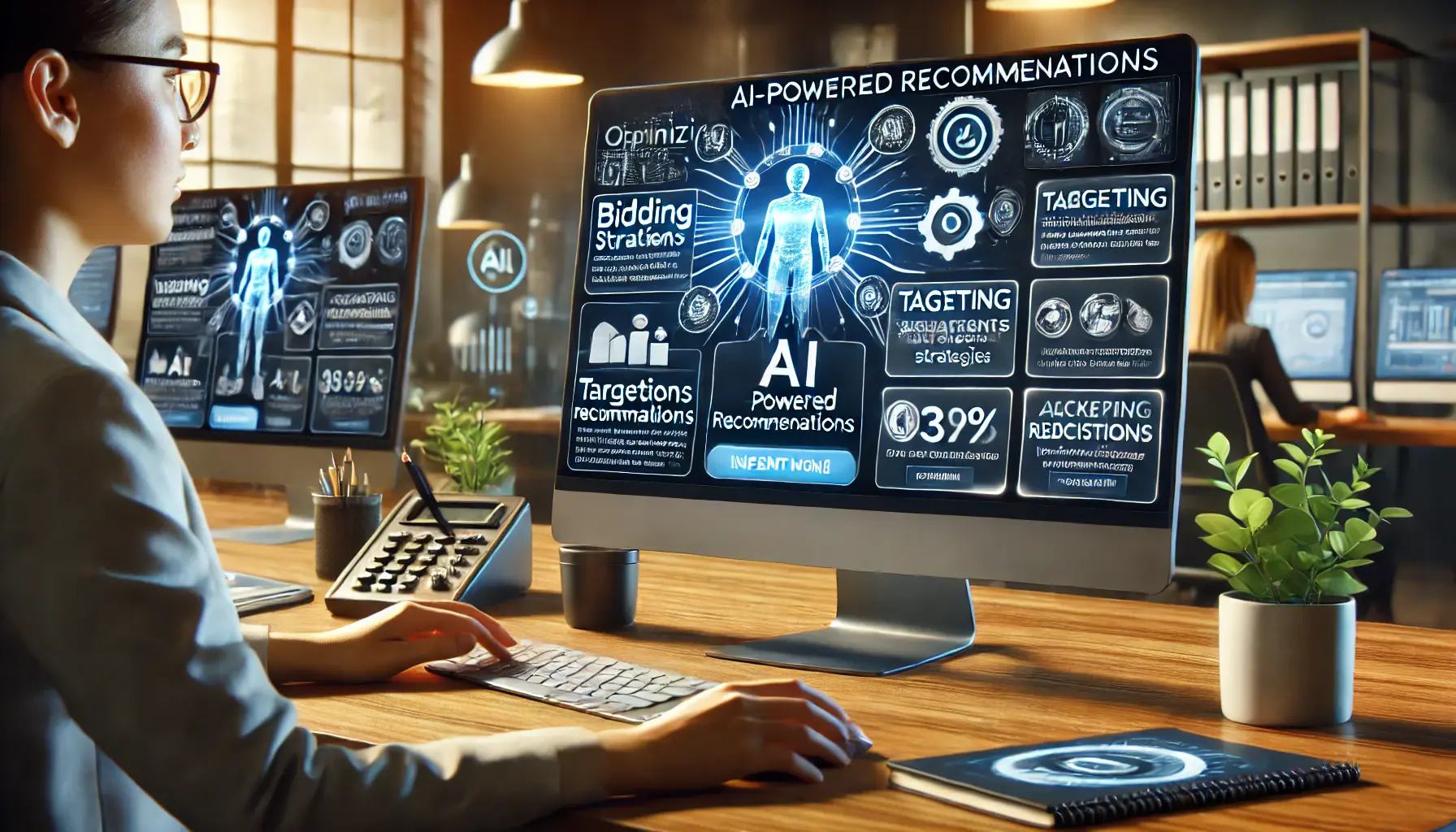 A digital marketing workspace showing AI-powered recommendations for optimizing campaign settings.