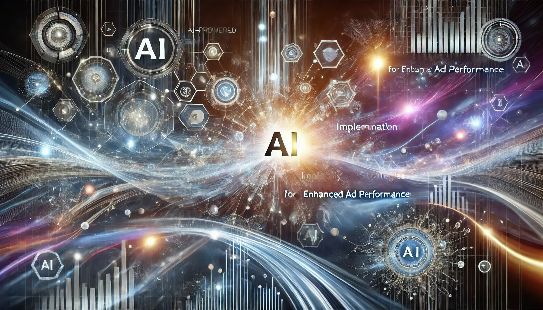 A dynamic representation of AI-powered strategies in advertising, showcasing data visualization and optimization graphs.