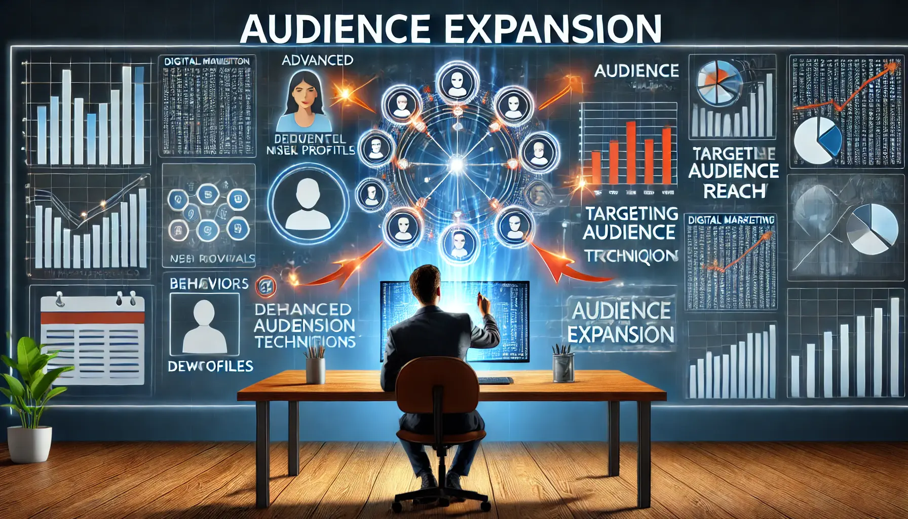 An image showing a digital marketer implementing audience expansion techniques, expanding audience reach with user profiles, segmented data, and dynamic network connections.