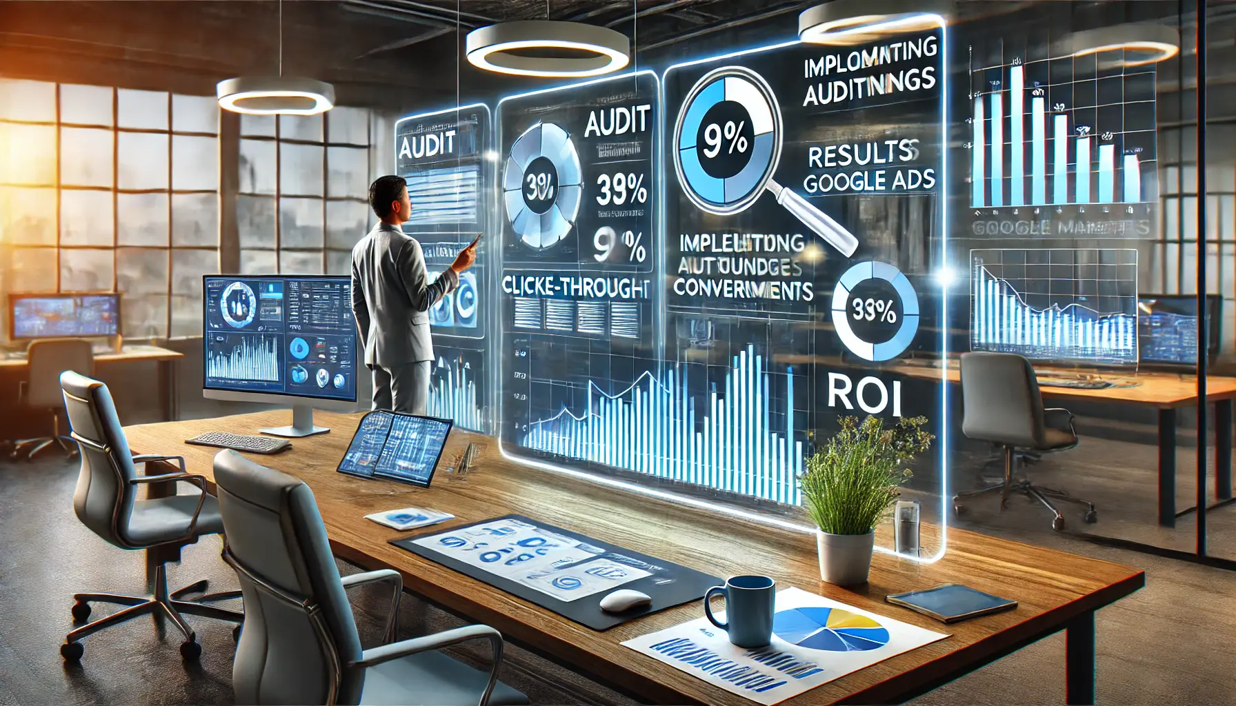 A digital marketer reviewing performance metrics and results after implementing audit findings in a modern office.