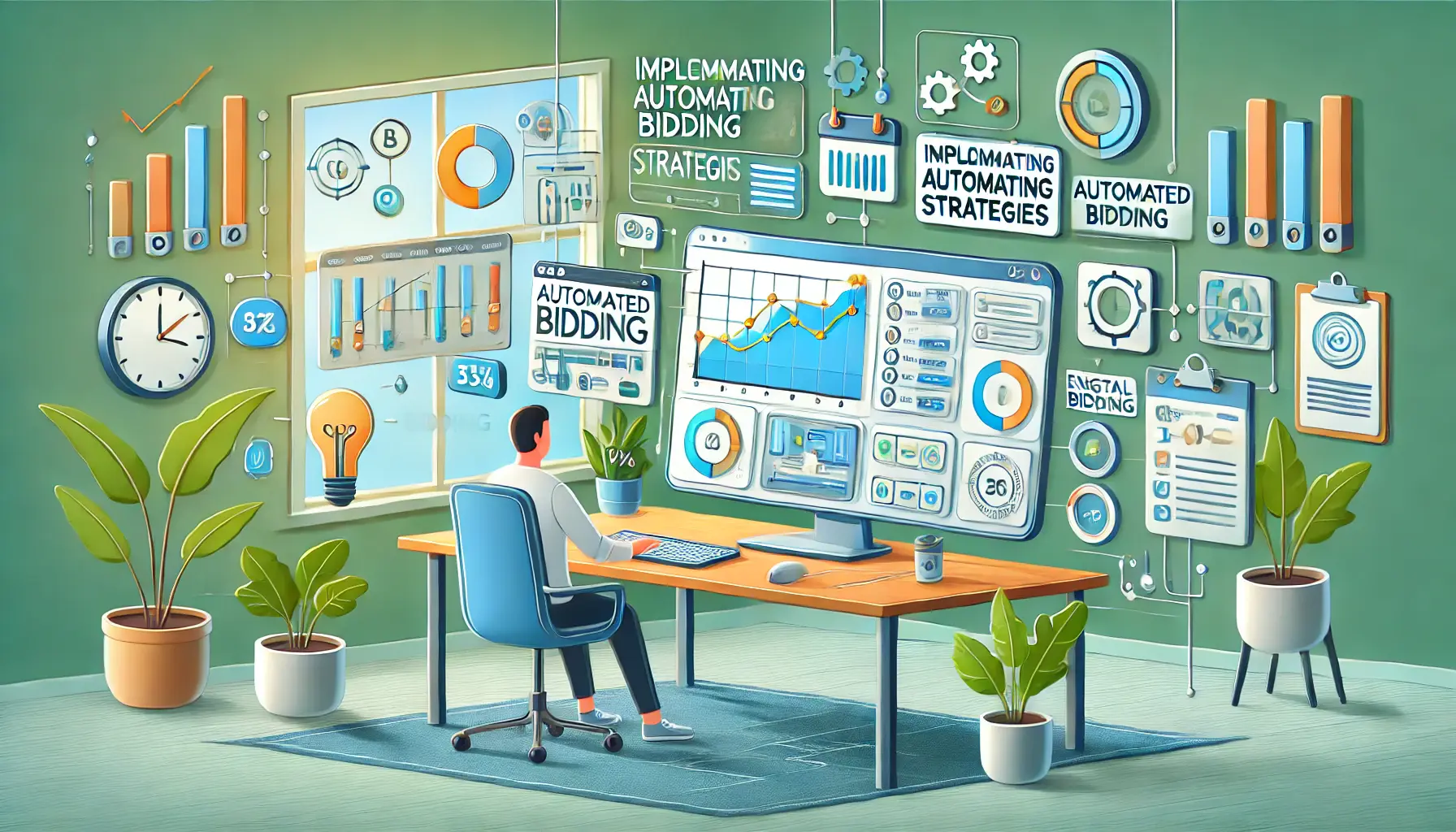 Illustration of a digital marketer working with a computer screen displaying automated bidding tools and algorithms, with eco-friendly elements like plants.